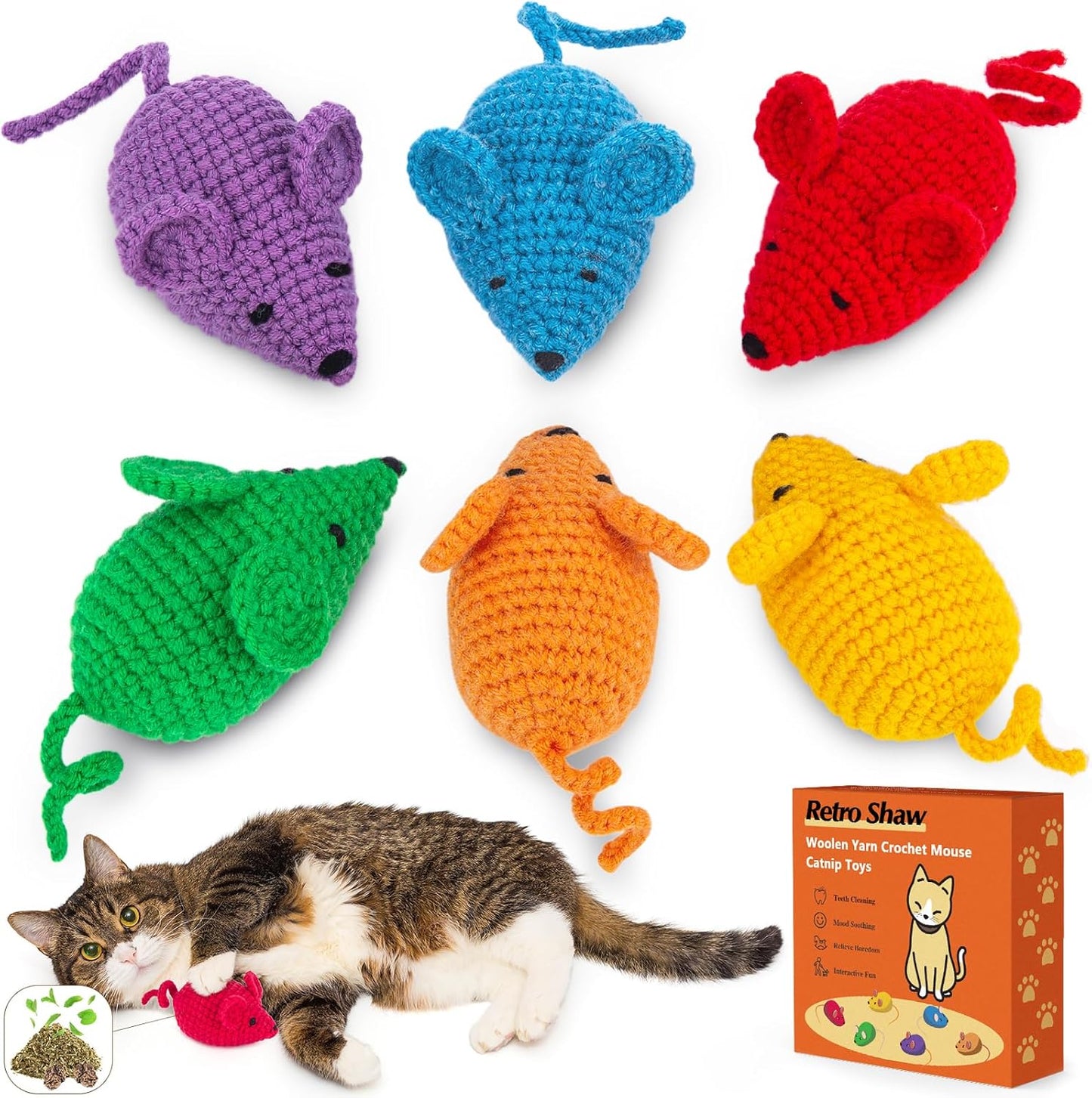 Retro Shaw Catnip Toys Crochet Mouse, 6 Pcs Yarn Cat Nip Mice Safe Teeth Cleaning Chew Toy for Indoor Kittens Kitty, Interactive Catnip Cat Kicker Toys