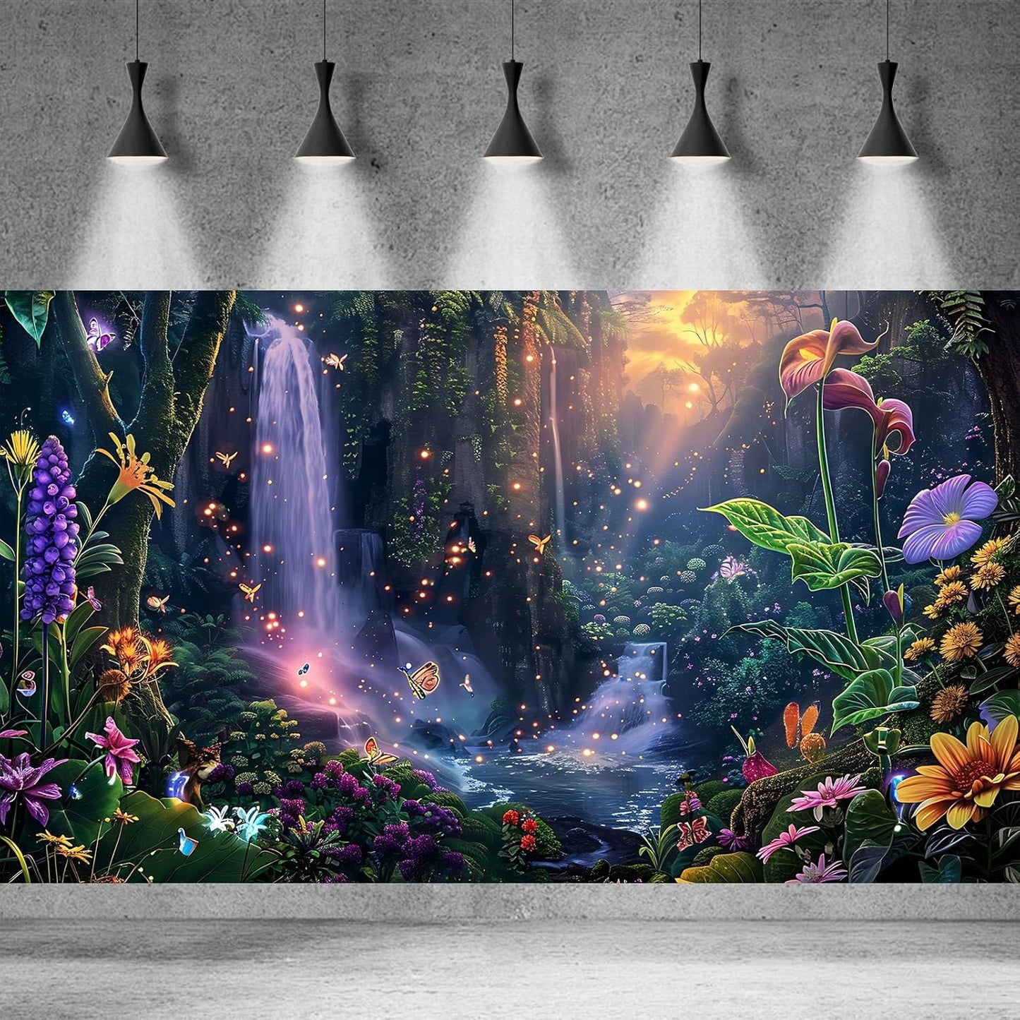 Fantasy Garden Aquarium Background Sunset Waterfall and Flowers Terrarium Backdrop Tropical Forest Lush Plant Magic Butterfly Lights Flowers Fish Tank Background Poster Decorations 48x20in