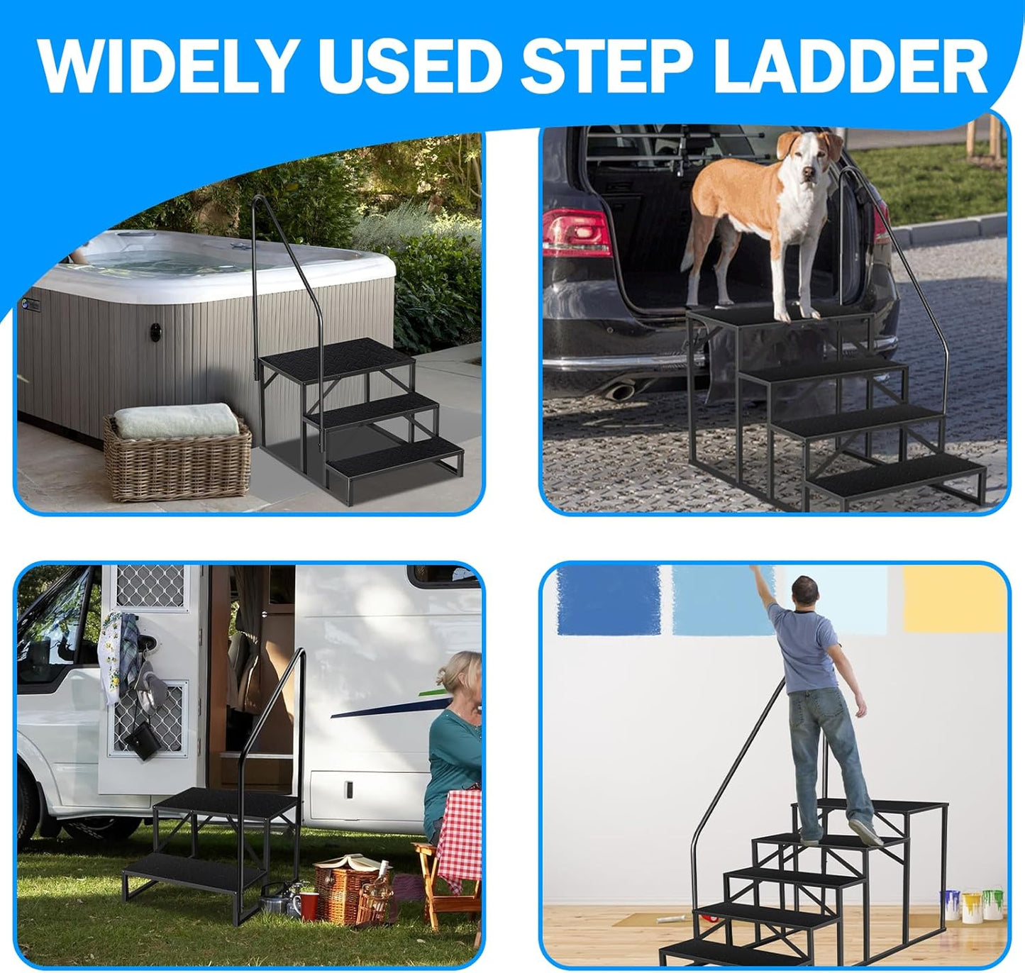RV Step Stool, 4 Step Ladder, Hot Tub Steps with Handrail, Portable Pool Ladder, 660Lbs Heavy Duty Ladder Shelf Outdoor Mobile Home Stairs for Camper/Porch/SPA Pool/Pet Stairs(2 handrails)