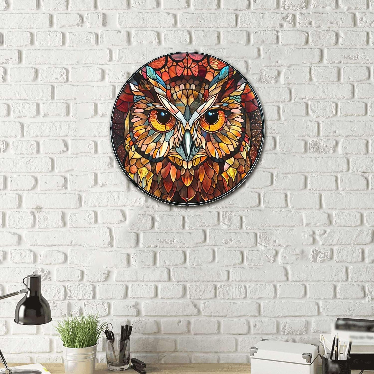 Lygond Metal Sign Tin Sign Circular Stained Glass Owl Metal Sign for Patio 8×8 Inches