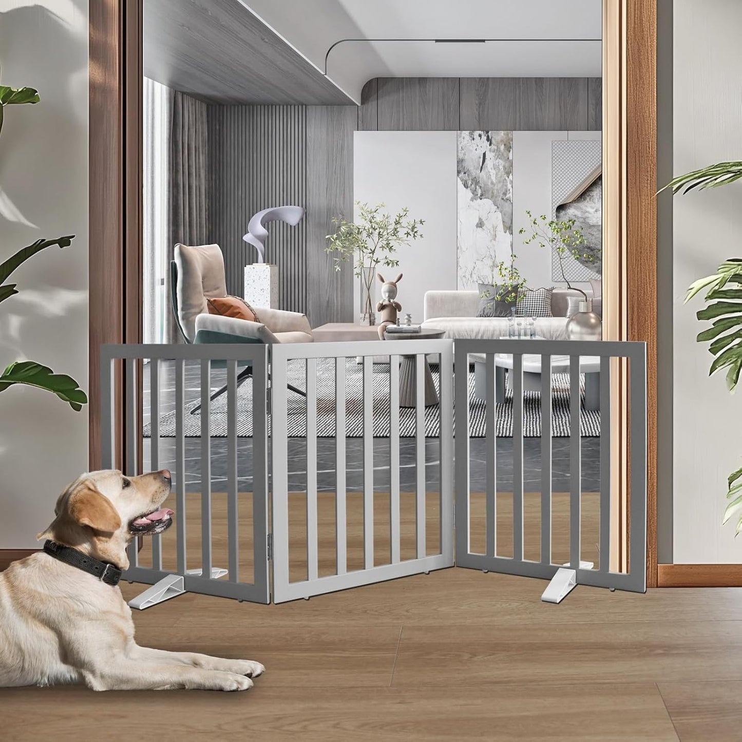 ZJSF Freestanding Indoor Dog Gate for House Foldable Wood Puppy Gate for Doorways Pet Gate for Stairs Extra Wide Pet Fence, Grey, 24" Height 3 Panels