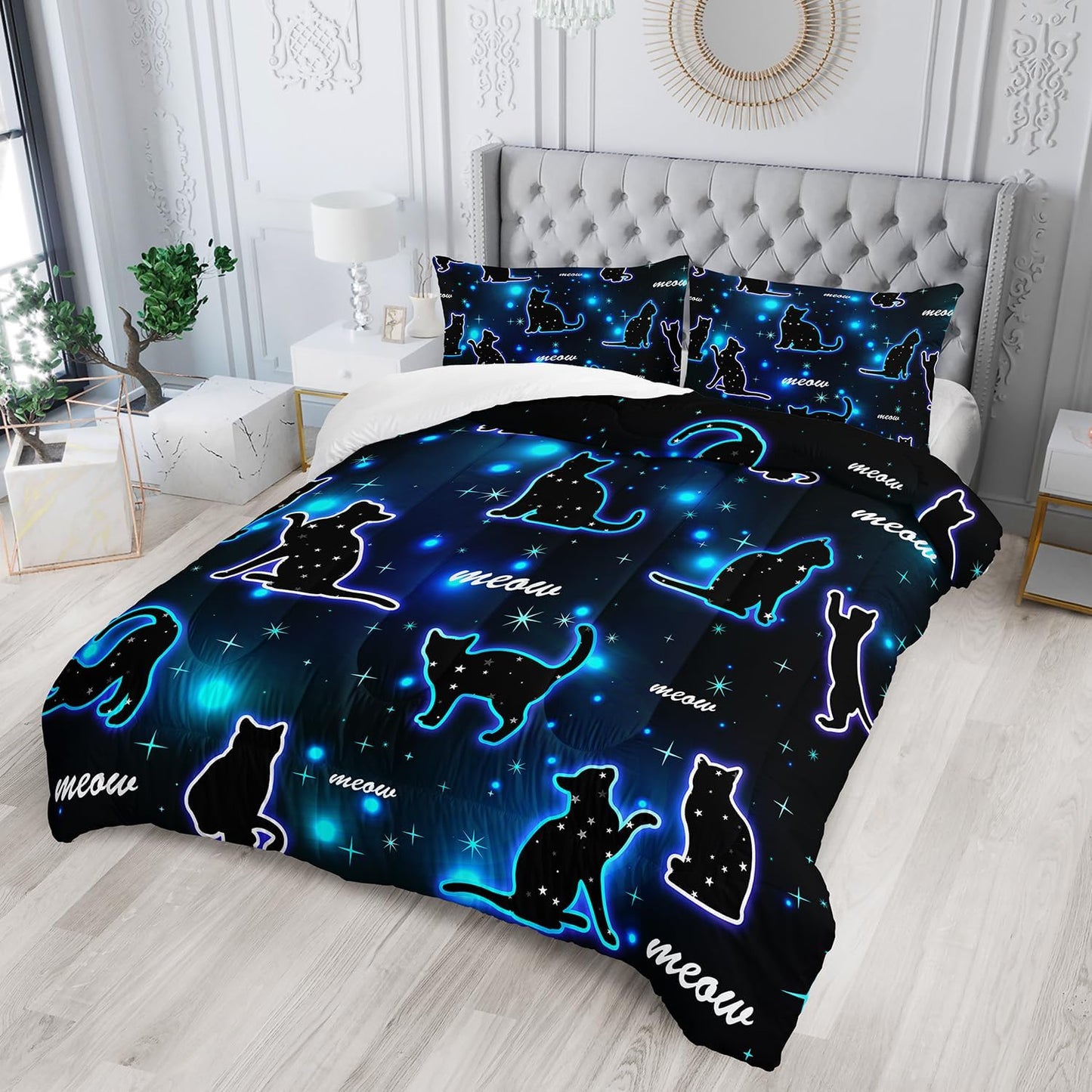 Kawaii Pet Cat Comforter 3Pcs Full Gradient Line Cute Kitten Animal Bedding Set for Kids Teens Girls Boys Cat Glitter Polka Dots Pattern Quilt Bed Decor with 1 Comforter and 2 Pillowcases