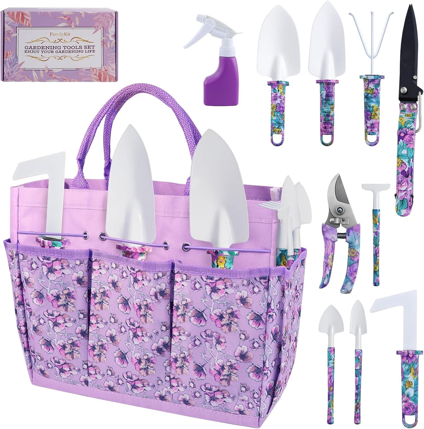 Gardening Tool Set 10-Piece, Heavy Duty Garden Tool Set with Purple Floral Tote Bag and Gift Box, Gardening Tools Kit with Ergonomic Non-Slip Handle, Ideal Gardening Gifts for Women Mom