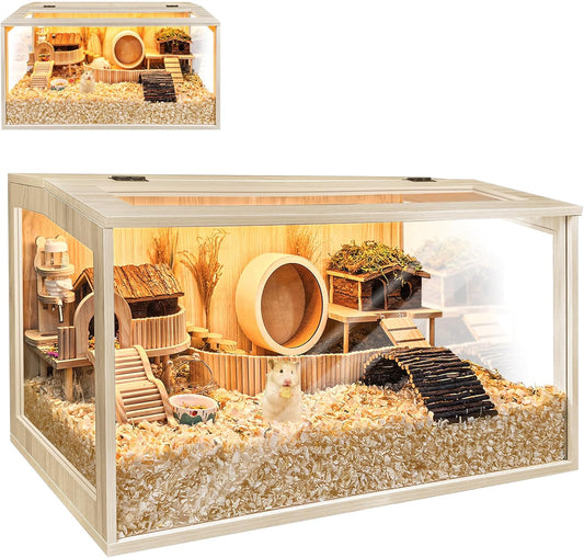 Prolee Hamster Cage Chewproof Wooden 24 Inch Guinea Pig Cages Mice and Rat Habitat Openable Top with Acrylic Sheets Solid Built