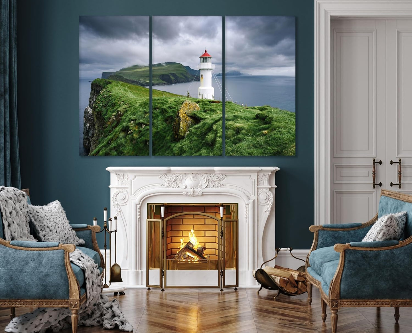 Nature Wall Art Prints - Ocean Forest Mountain Lake Canvas Landscapes - Small to Extra Large Living Room Bedroom Kitchen Bathroom Décor (Stormy Sky Lighthouse, 35L" x 53W" - 3 Panels)