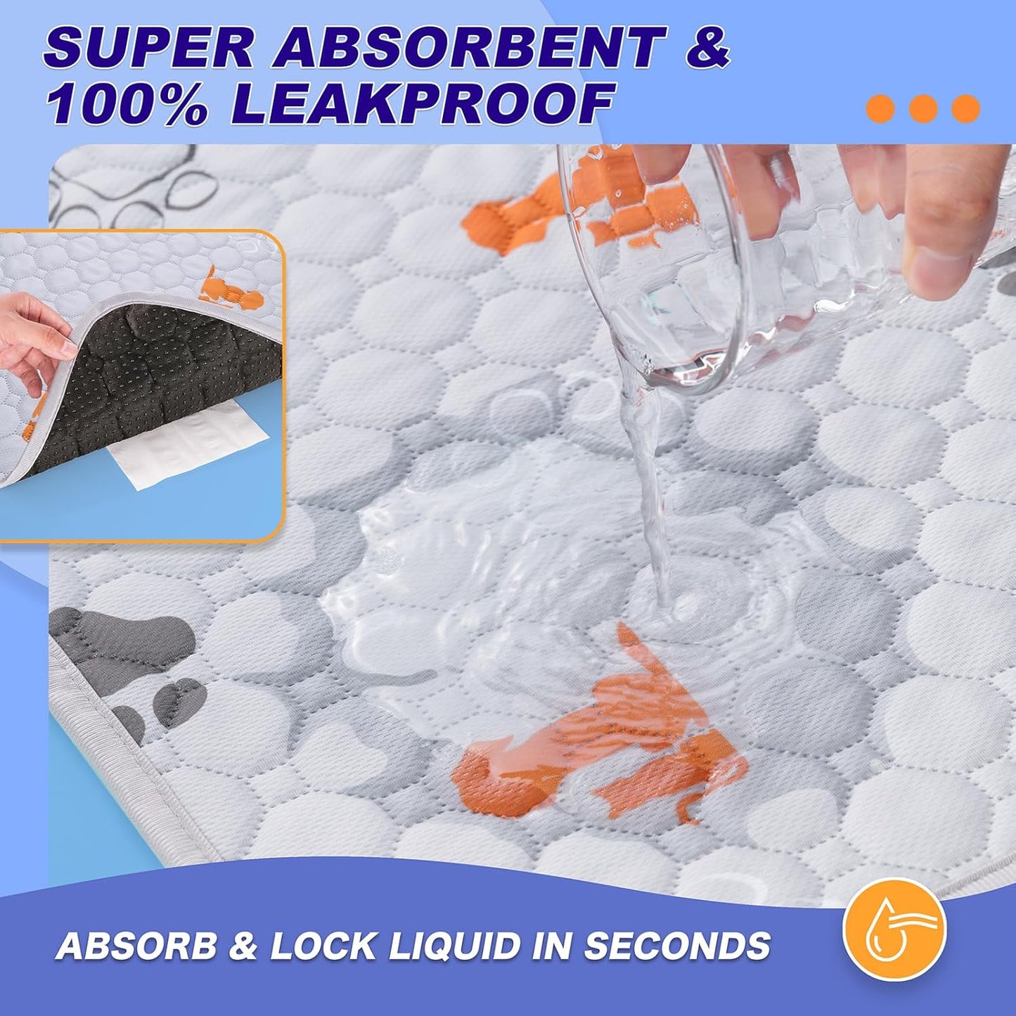 Washable Pee Pads for Dogs, 1 Pack Absorbent Reusable Training Dog Pads Pet Puppy Pads, Non-Slip Potty Pads for Whelping, Playpen, Crate, Bed, Orange, 63"x63"