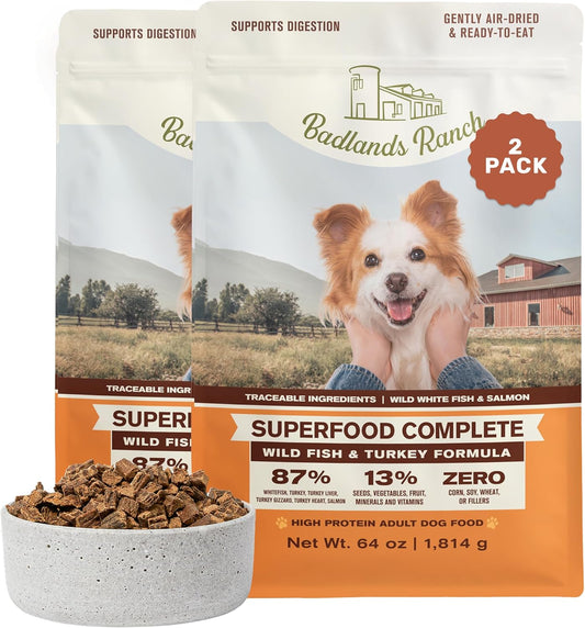 BADLANDS RANCH by Katherine Heigl- Superfood Complete, Air-Dried Adult Dog Food - High Protein, Zero Fillers, Superfood Nutrition (64 Ounce (Pack of 2), Fish & Turkey)