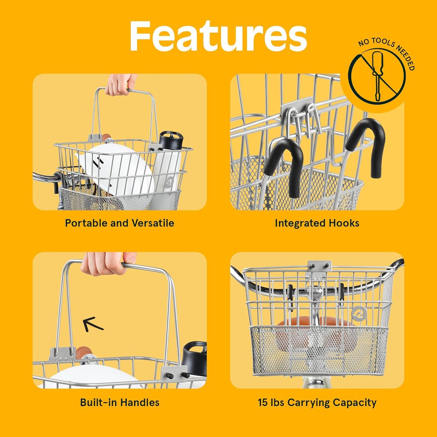 Retrospec Apollo Detachable Front Bike Basket Steel Half-Mesh with Integrated Detachable Hooks and Built-In Handle, Easy Assembly and Portability for Bicycles