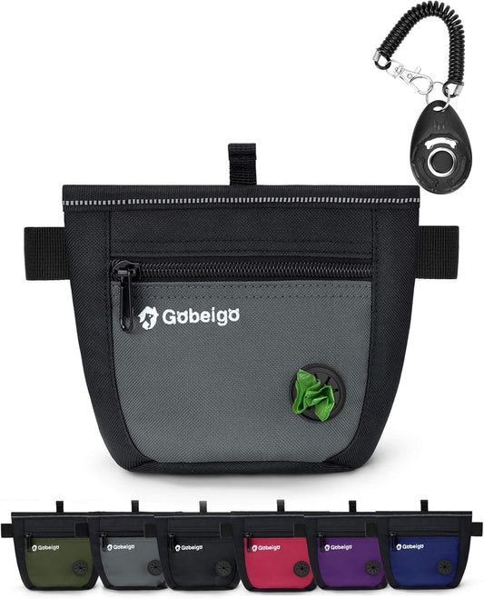 Gobeigo Dog Treat Pouch and Training Clicker, Upgrade Two Magnetic Closure to Prevent Spills, 2 Cup Treat Bag with Poop Bag Dispenser, Metal Clip Waist Belt Fanny Pack for Pet Walking (Black/Gray)