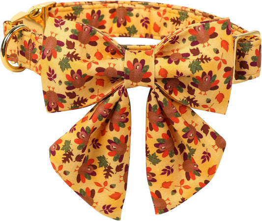 Lionet Paws Thanksgiving Day Dog Collar with Bowtie, Dogs Sailor Bow Collar with Metal Buckle for Dogs, Adjustable Comfortable Dog Collars Girl, L, Neck 16-24 in