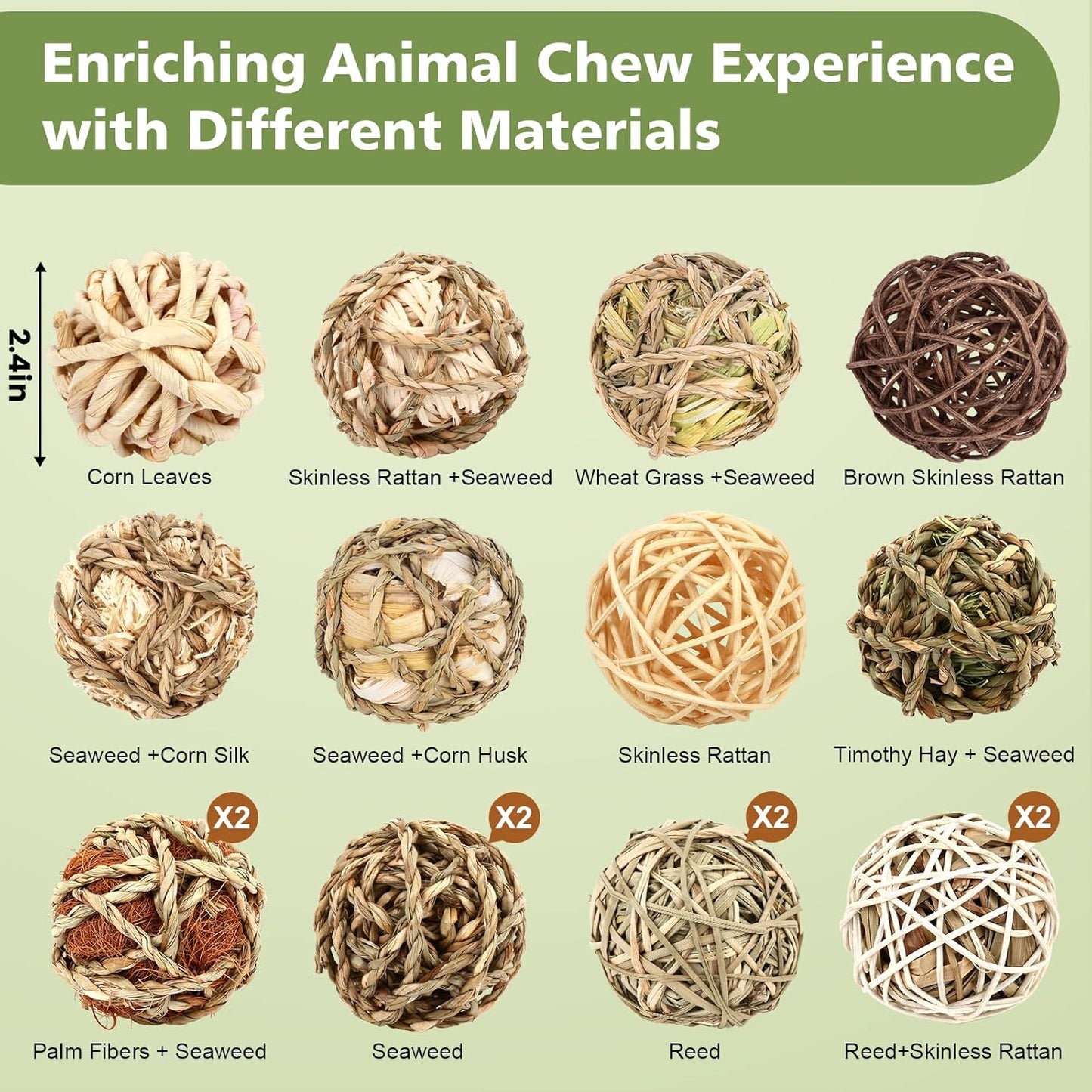 Bunny Chew Grass Balls, Rolling Chew Toys for Small Animals, Improving Dental Health, Natural Chew Grass Toys for Rabbits, Guinea Pigs, Chinchillas, Hamsters, Mice (16 Pcs)