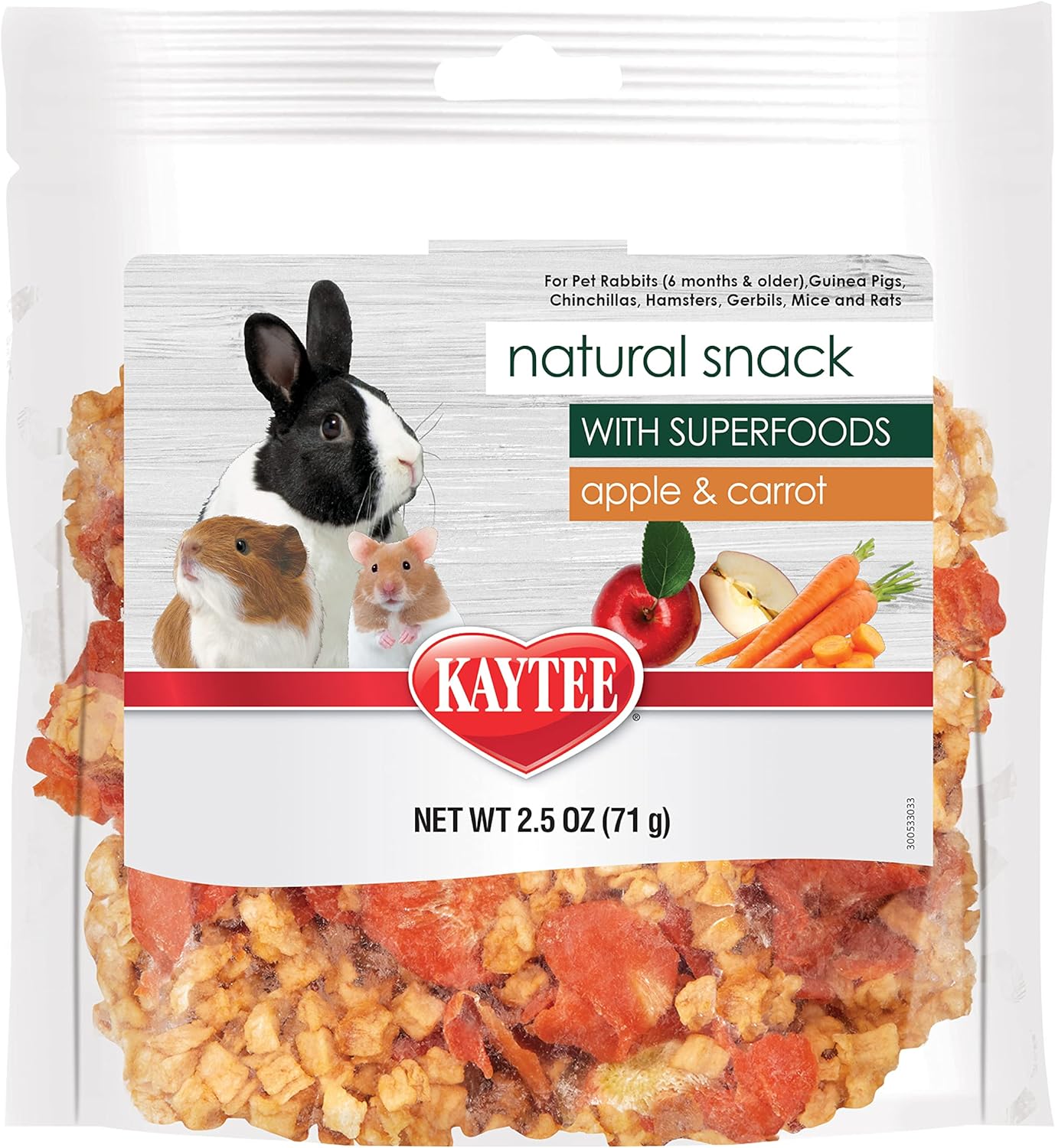 Kaytee Natural Snack with Superfoods For Pet Guinea Pigs, Rabbits, Hamsters, and Other Small Animals, Apple & Carrot, 2.5 Ounces