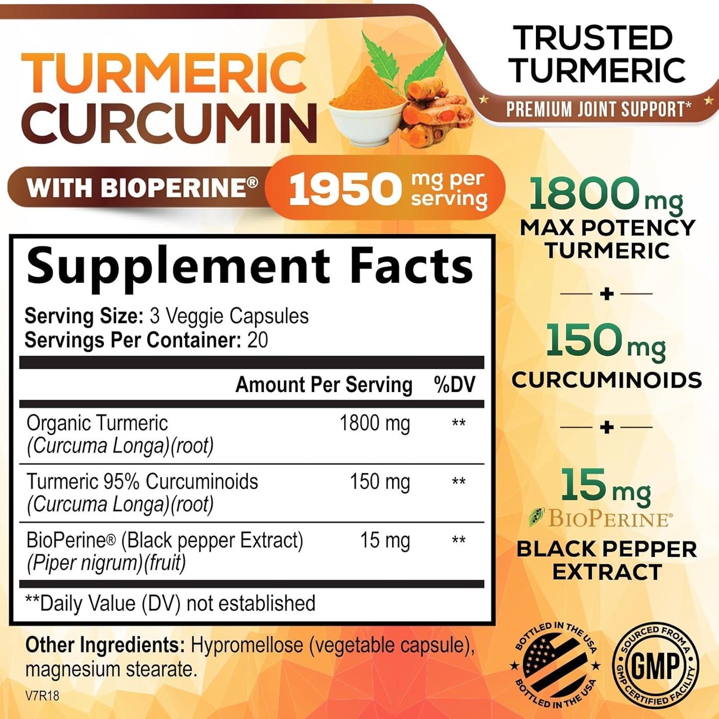 Turmeric Curcumin Supplement 1950mg - 95% Curcuminoids with Organic Turmeric & BioPerine Black Pepper Extract for Best Absorption, Nature's Vegan Joint Support, Non-GMO, Bottled in USA - 60 Capsules