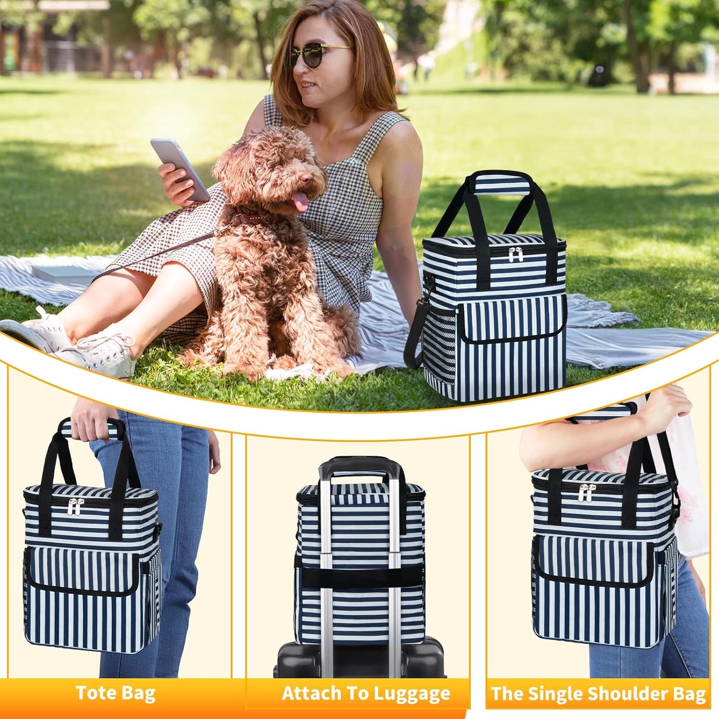 Dog Travel Bag for Camping - Pet Travel Accessories with 2 Collapsible Bowls, 2 Food Containers & Waterproof Feeding Mat - Portable Dog Carrier, Stripe (Small)