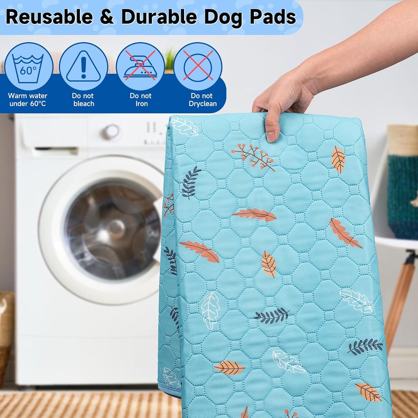 Sunheir Washable Pee Pads for Dogs 2-Pack Reusable Puppy Pads Pet Training Pads, Waterproof Dog Pee Pads for Crate, Whelping Pad, Non-Slip Protects Against Urine Leakage (Leaves - Sky Blue, 31x36)