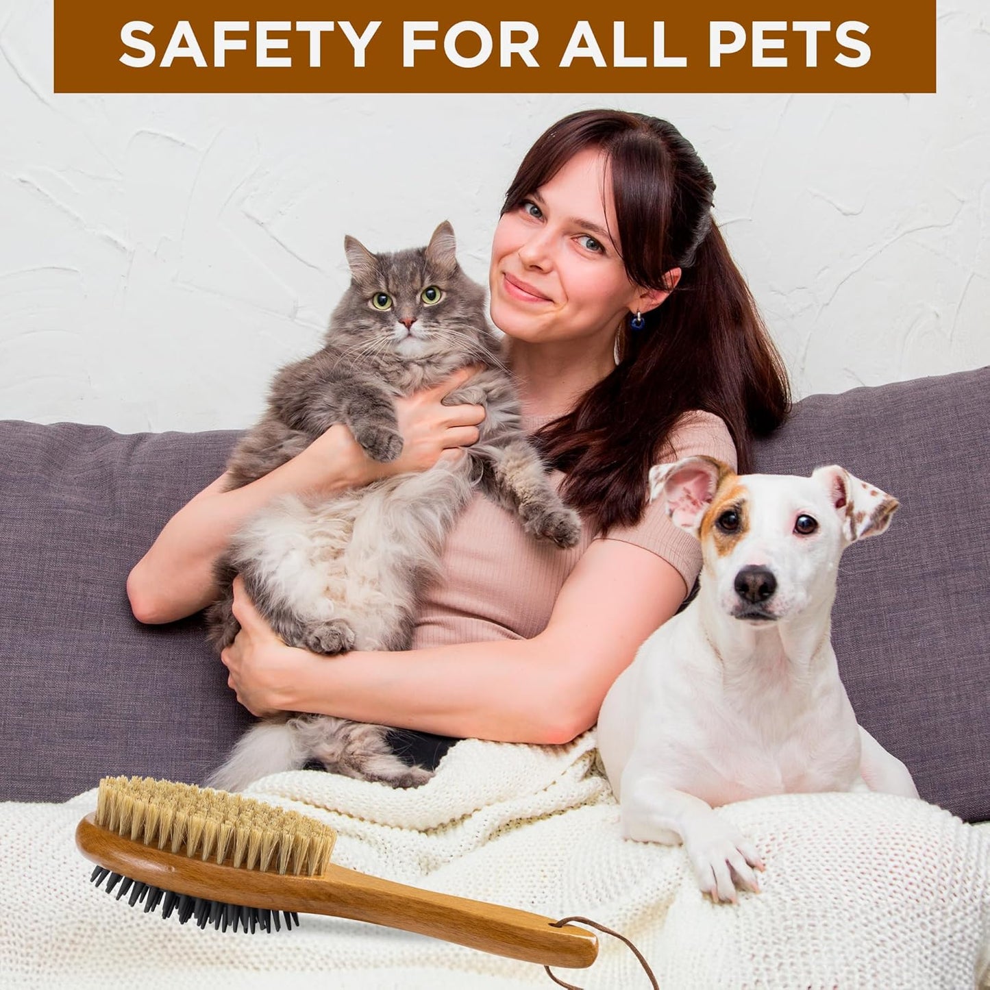 TAKAVU Short Hair Dog & Cat Deshedding Brush - Double Sided Grooming Tool with Silicone Massage & Bristle Sides - Removes Loose Fur & Dirt - Wood Handle