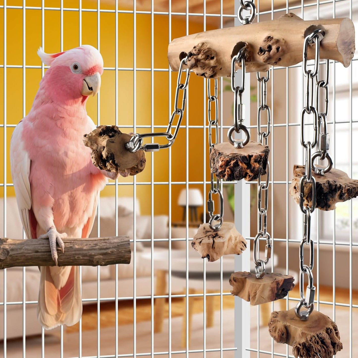Bird Toys for Parrots, Durable Wooden Large Parrot Toy with Stainless Steel, Hanging Natural Chew Hardwood Blocks for Macaws, African Greys, Amazon Parrots, Cockatoos and Small Medium Parakeets