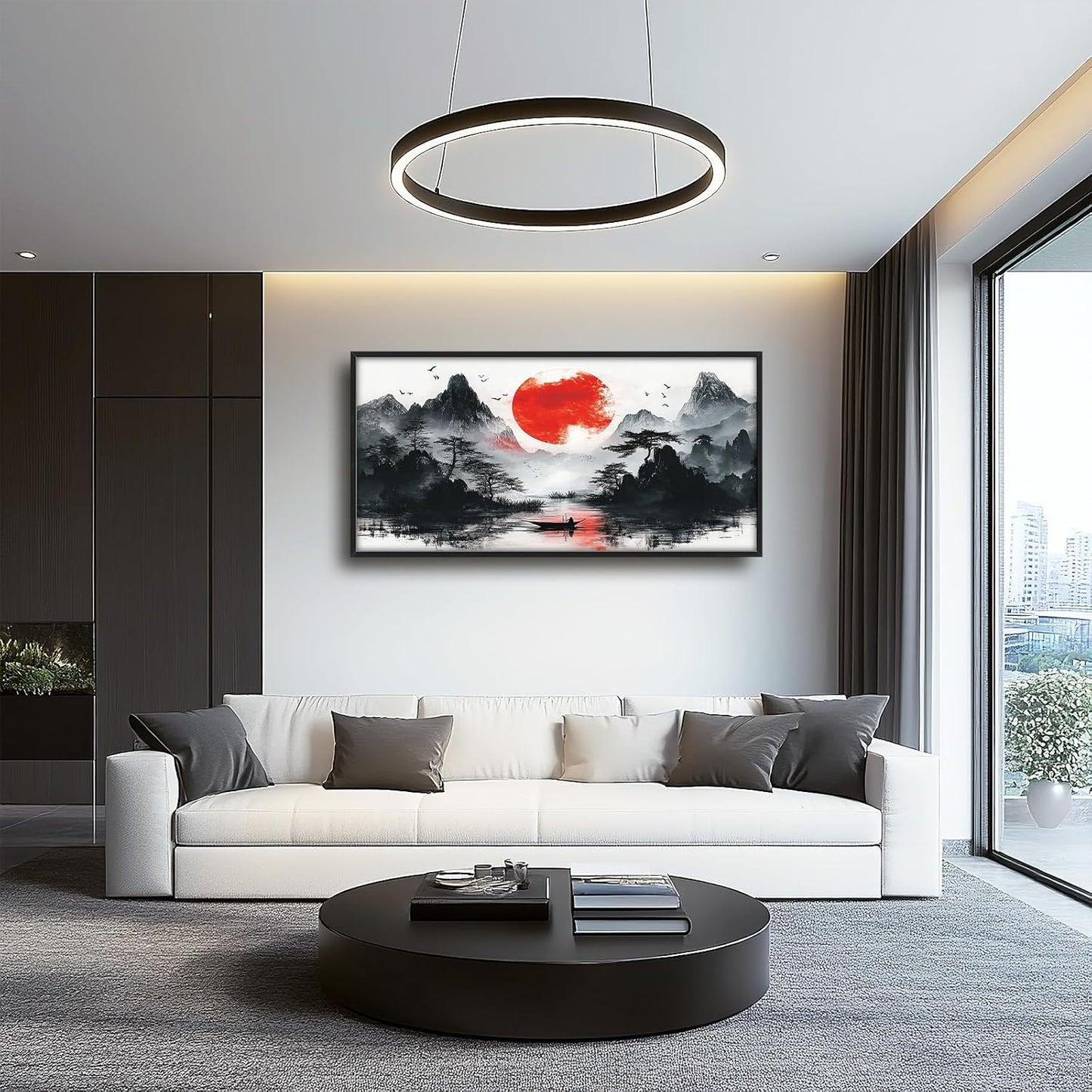 Framed Large Japanese Mountain Wall Art for Living Room, Oversized Asian Red Sun Lake Landscape Wall Decor Nature Canvas Painting Home Decoration for Living Room Bedroom Office 60"x30"