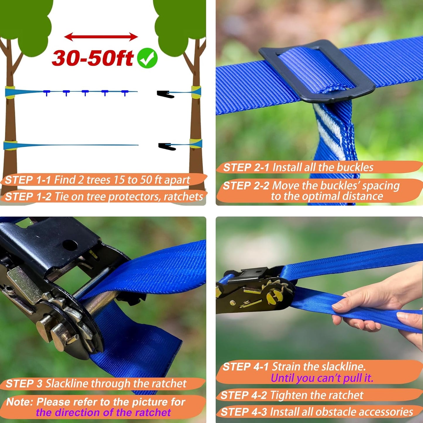 Ninja Warrior Obstacle Course for Kids, 2×56ft Slackline Kit with 8 Ninja Accessories - Monkey Bar, Rope Ladder, Gymnastic Ring, Arm Trainer and Monkey Fist