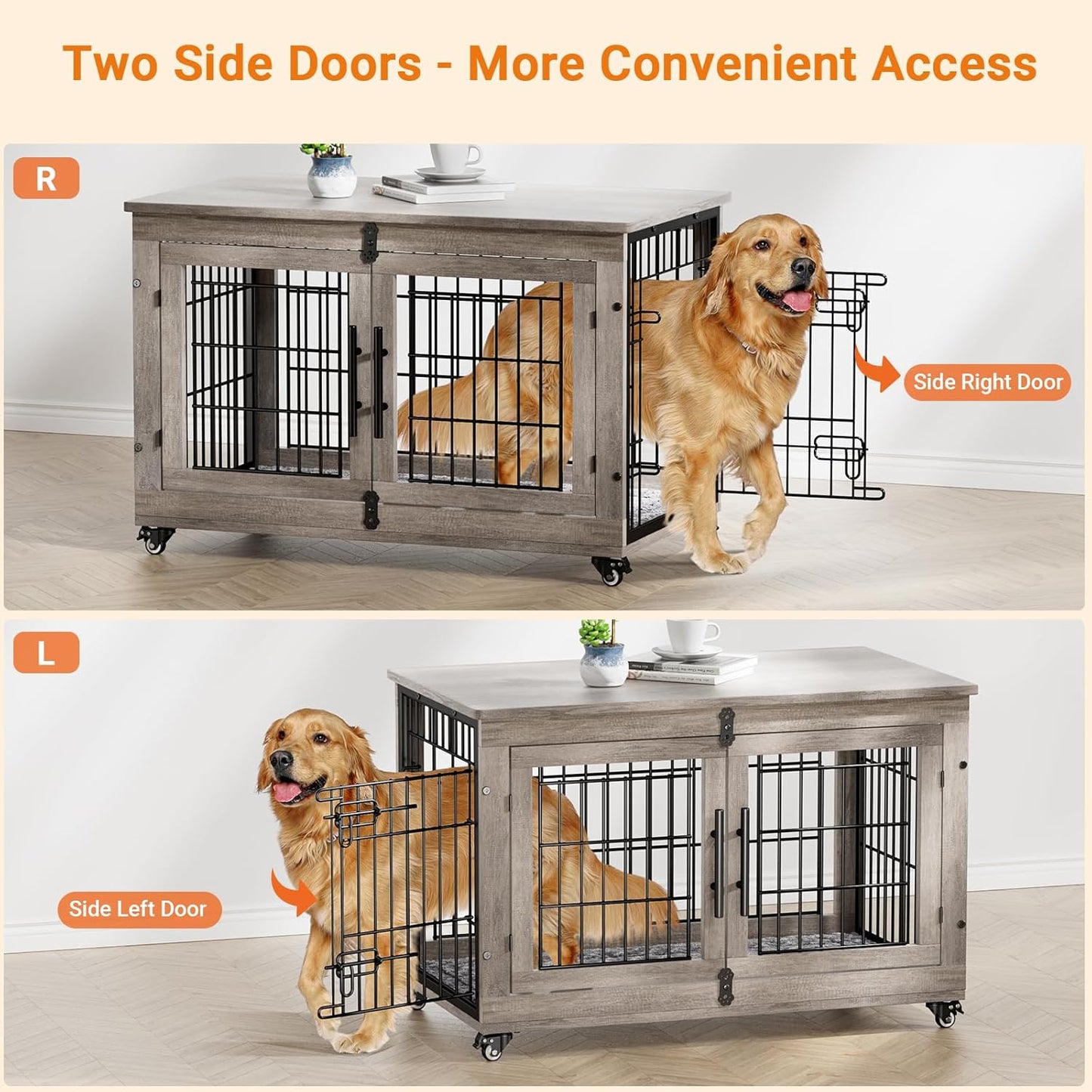 Lulive Dog Crate Furniture Set of 2, Dog Kennel Indoor Double Doors Wooden Dog Cage, 38'' Heavy Duty Dog Crate with Cushion & Wheels, End Table Pet House Chew-Resistant Up to 70 lb, Grey