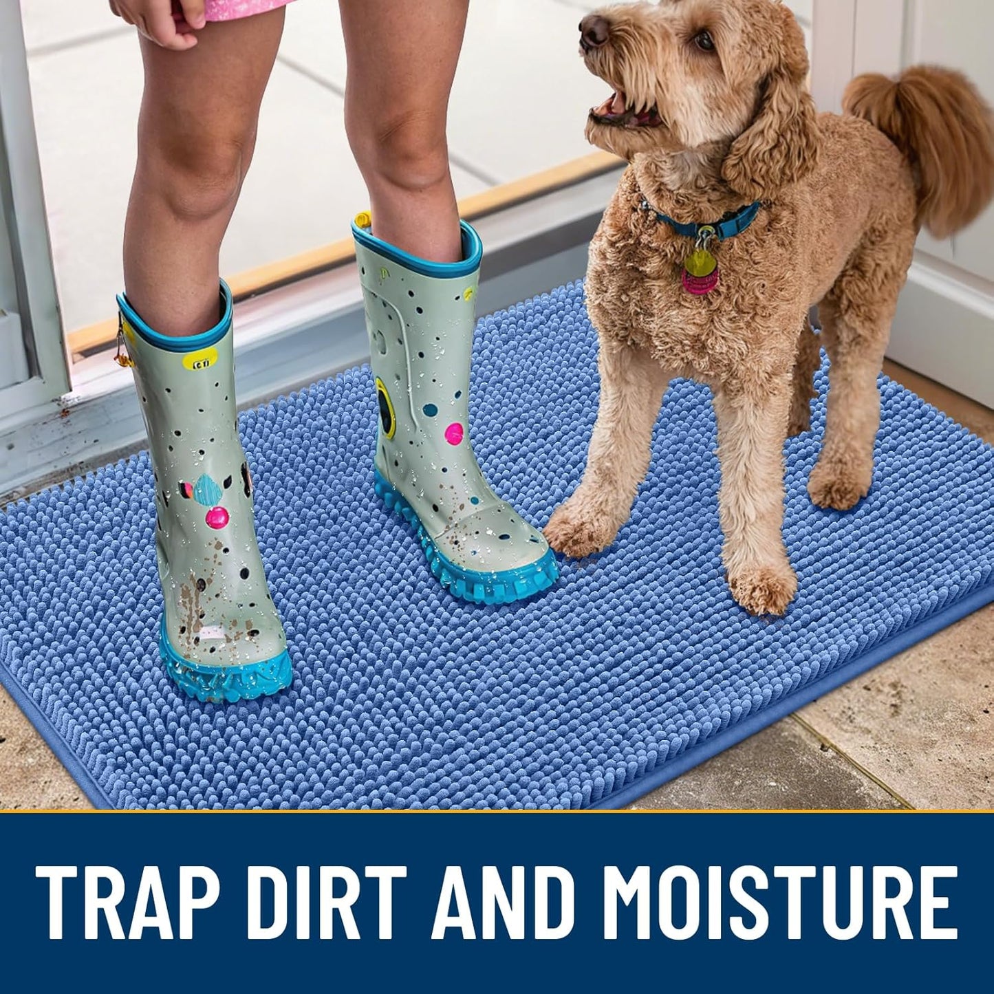 Smiry Dog Door Mat for Muddy Paws 24x16, Absorbs Moisture and Dirt Doormat, Non-Slip Washable Quick Dry Chenille Front Door Mat Indoor Entrance, Entryway Carpet for Inside Floor, Cornflower Blue