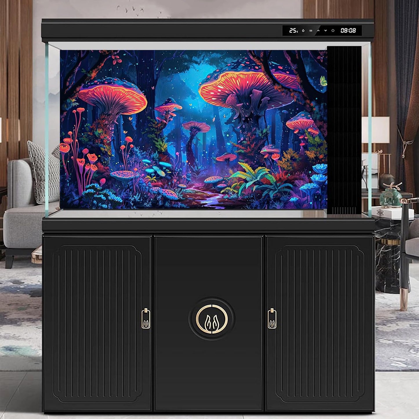 Mushrooms Aquarium Background Fantasy Bright Flowers Butterflies Fish Tank Backdrop Decoration Poster Trippy Wonderland Landscape with Giant Mystical Mushrooms Terrarium Background Decor 48x20in