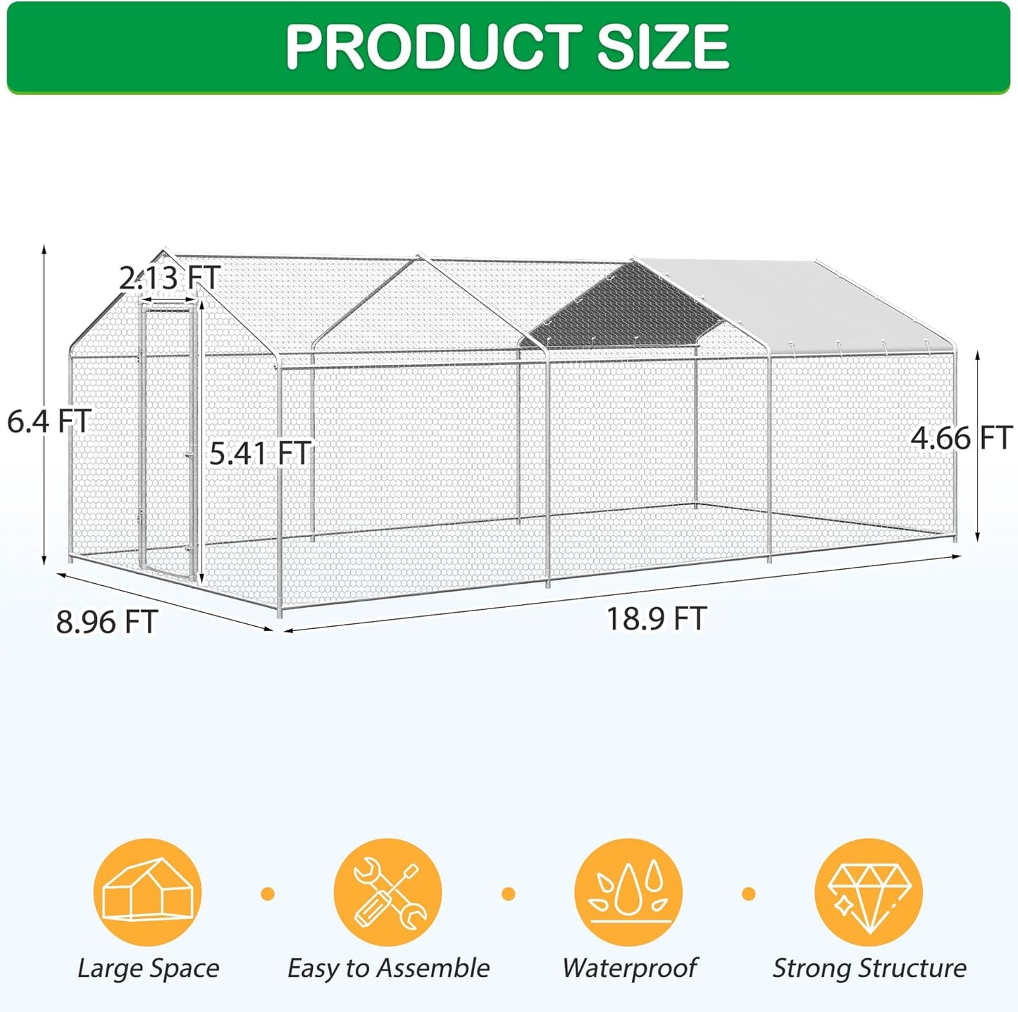 Large Metal Chicken Coop, Walk-in Chicken Run Pen with Waterproof Cover, Spire Roof Poultry Cage for Outdoor, Backyard, Farm