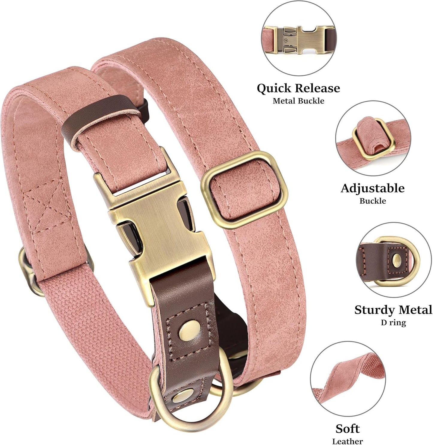 Didog Soft PU Leather Dog Collars for Medium Dogs,Classic Adjustable Dog Collars with Quick Release Metal Buckle,Easy Clean and Comfortable with Nylon Lining,Pink,M Neck 13-19"