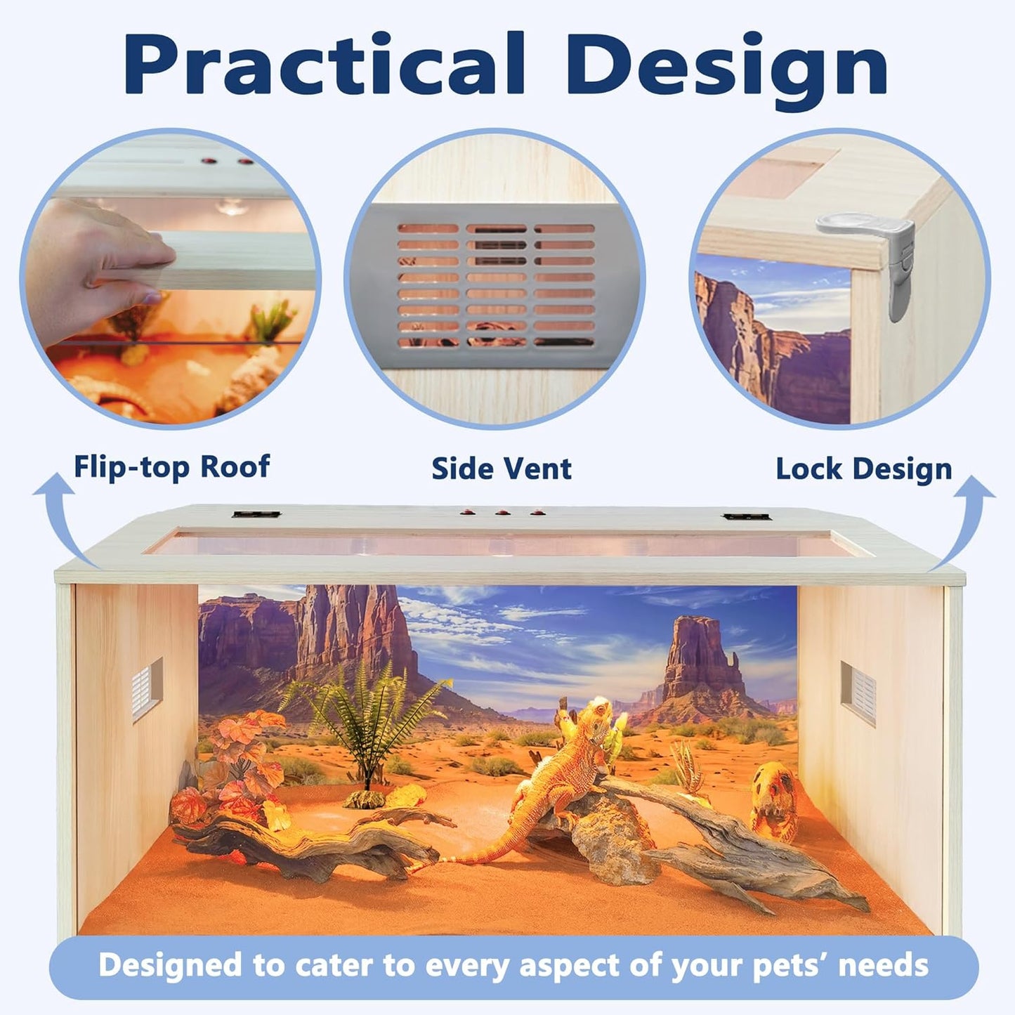 Prolee 63 Gallon Bearded Dragon Tank,Wooden Reptile Tank and Lizard Tank, Large Bearded Dragon Enclosure with Built-in Lamp Fixture, Snake Tank (40" L X 19.5" W X19.5 H)