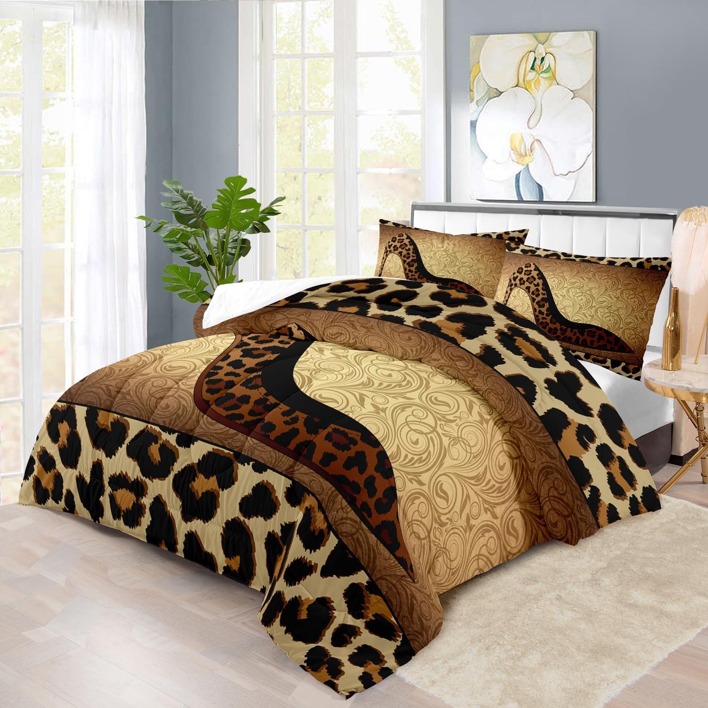 Leopard Comforter Set Queen Girls,Sexy High Heel Comforter for Women,Leopard Print Bedding Set Queen Adult,High Heel Quilt Bedroom Decor,African Animal Print Bedding Quilt