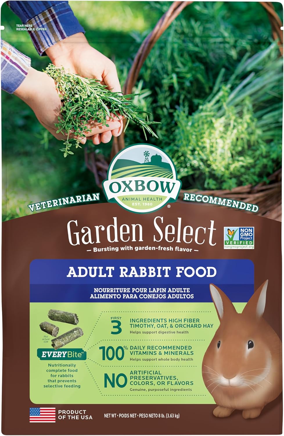 Oxbow Garden Select Rabbit Food, Adult, Made Timothy Hay for Rabbit, Bunny Food Pellets, Non-GMO, No Soy or Wheat, Small Animal Pet Products, Made in USA, High Fiber, 8 lb. Bag