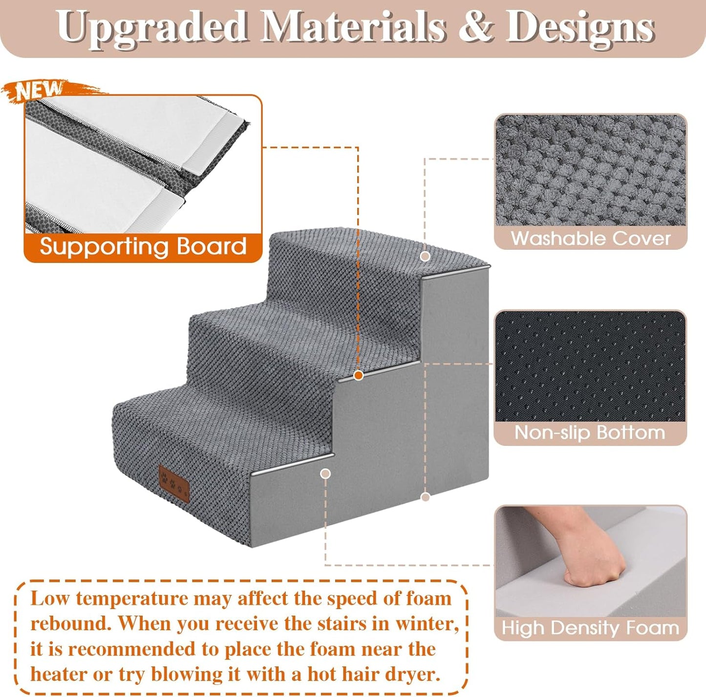 GGIB Dog Stairs for Small Dogs Cats Non-Slip Dog Steps for High Bed Pet Stairs for Sofa Couch Pet Ramp Pet Steps with Removable Washable Cover, Grey, 13" H, 3-Step