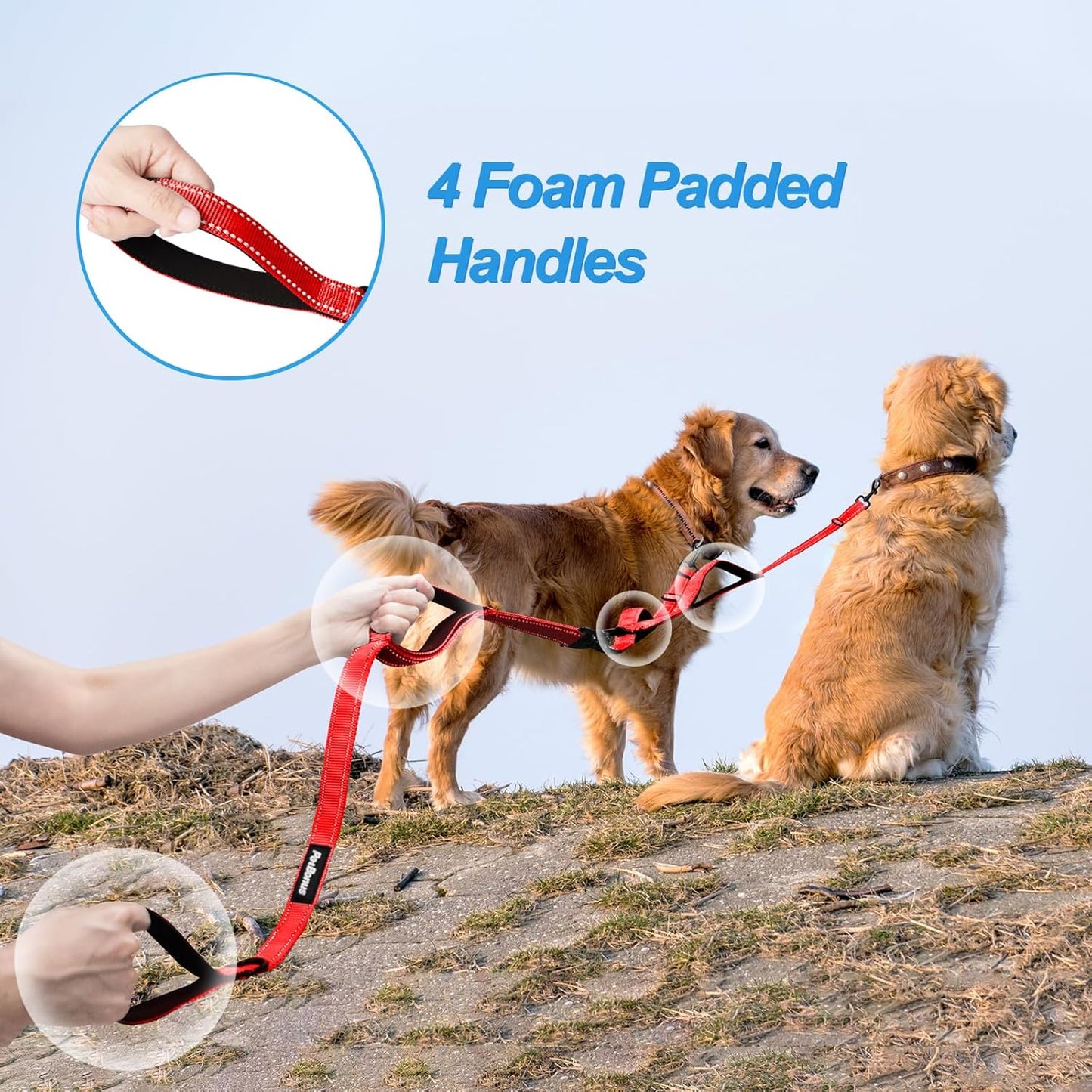 PetBonus Double Dog Leash, No Tangle Dual Leash, Reflective Walking Training Lead, 4 Comfortable Padded Handles for 2 Dogs with Collapsible Bowl and Waste Bags (Red, Large)