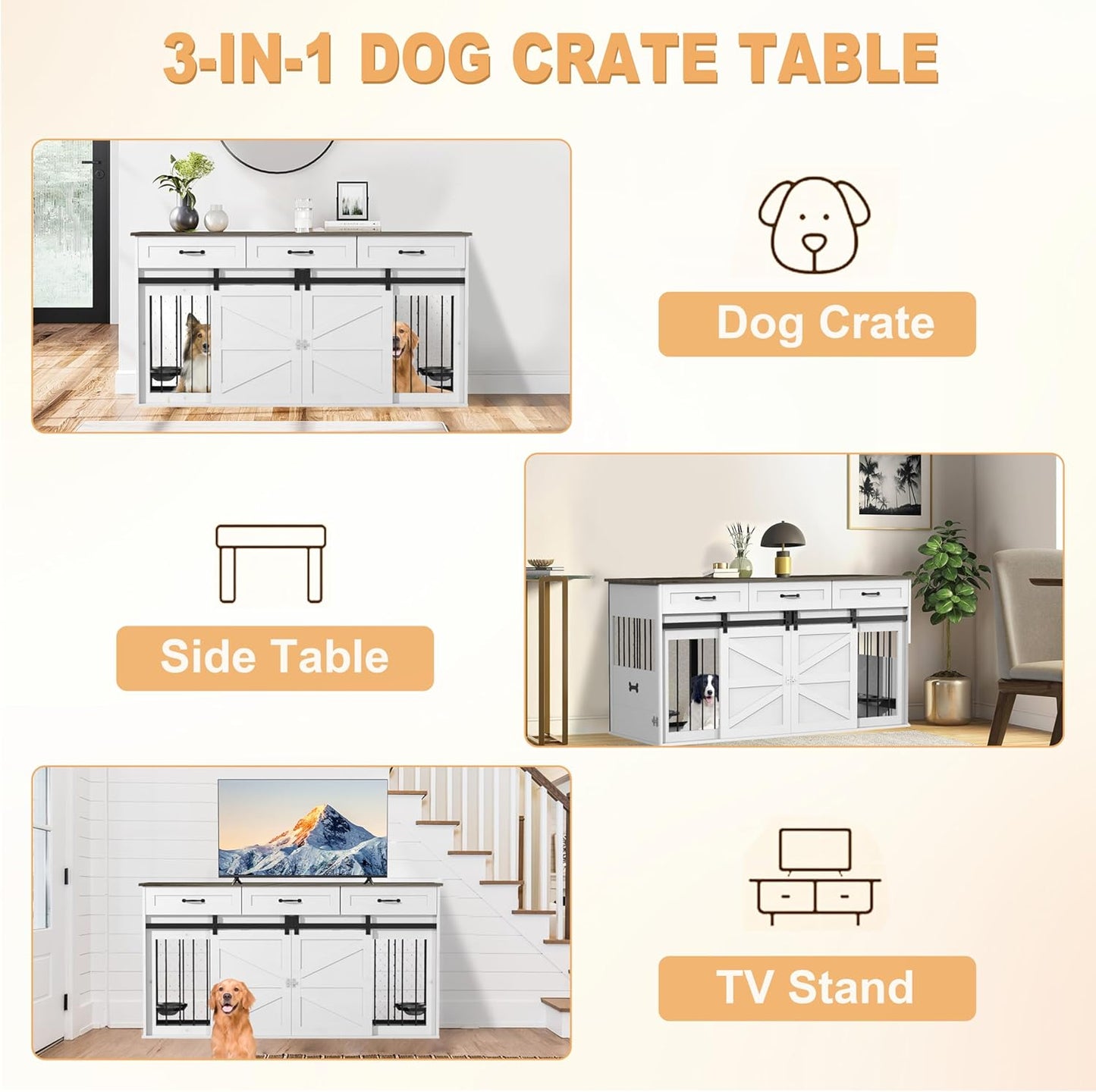 RQZ 65" Double Dog Crate Furniture for 2 Dogs Heavy Duty Wood Dog Cage Table with 3 Storage Drawers and 4 Stainless Steel Bowls Dog Kennel Indoor for Medium Large Dogs