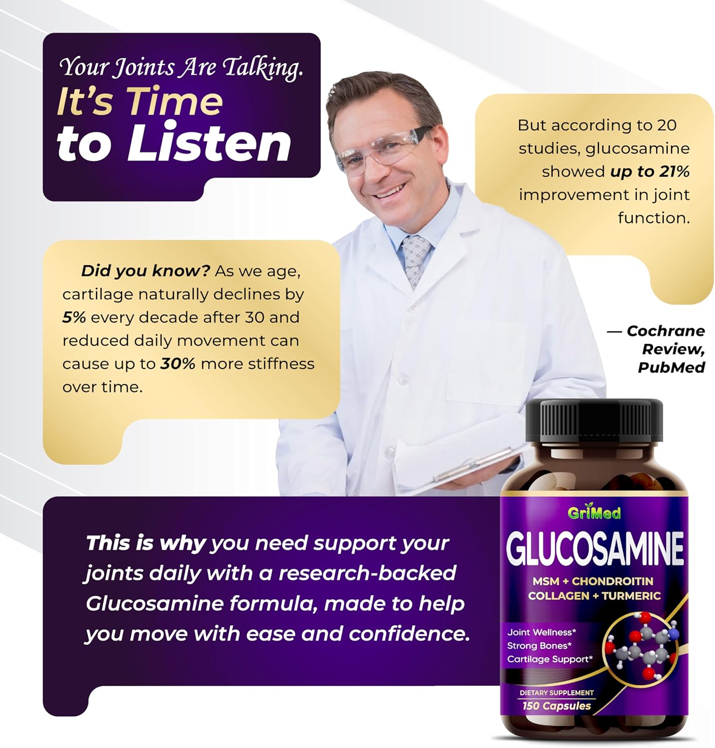 GriMed Glucosamine 12,000mg - X12 Power with MSM, Chondroitin, Collagen, Turmeric for Joint Wellness, Strong Bones, Cartilage Support - USA Made & Tested