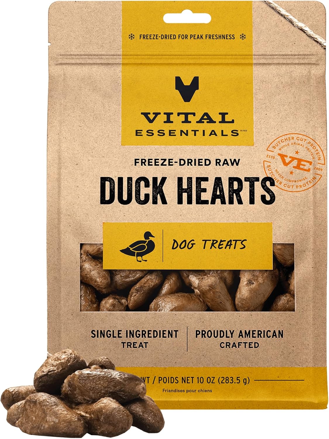 Vital Essentials Duck Hearts Dog Treats, 10 oz | Freeze-Dried Raw | Single Ingredient | Premium Quality High Protein Training Treats | Grain Free, Gluten Free, Filler Free