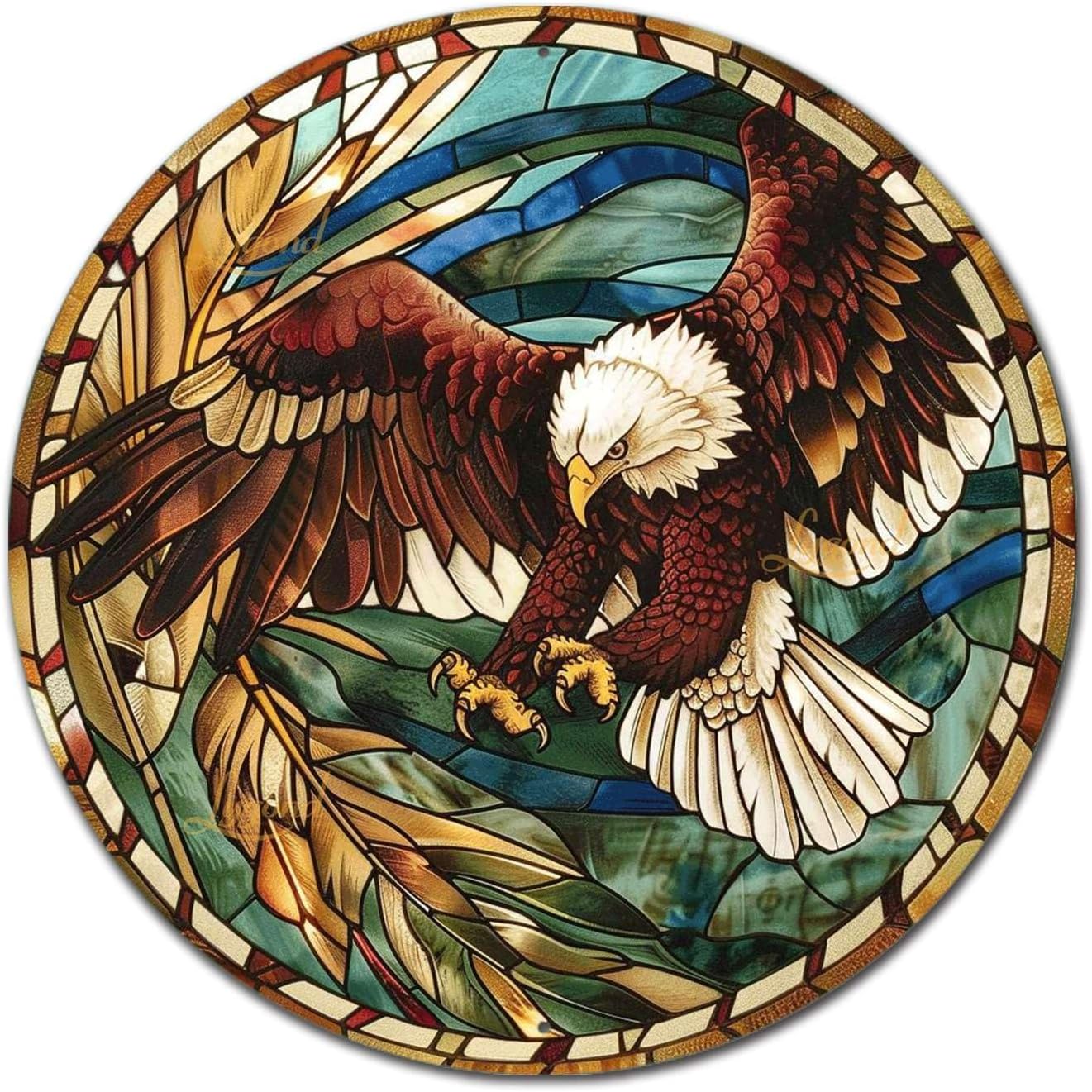 Lygond Metal Sign Tin Sign Circular Stained Glass Eagle Signs For Garden For Pet 8×8 Inches