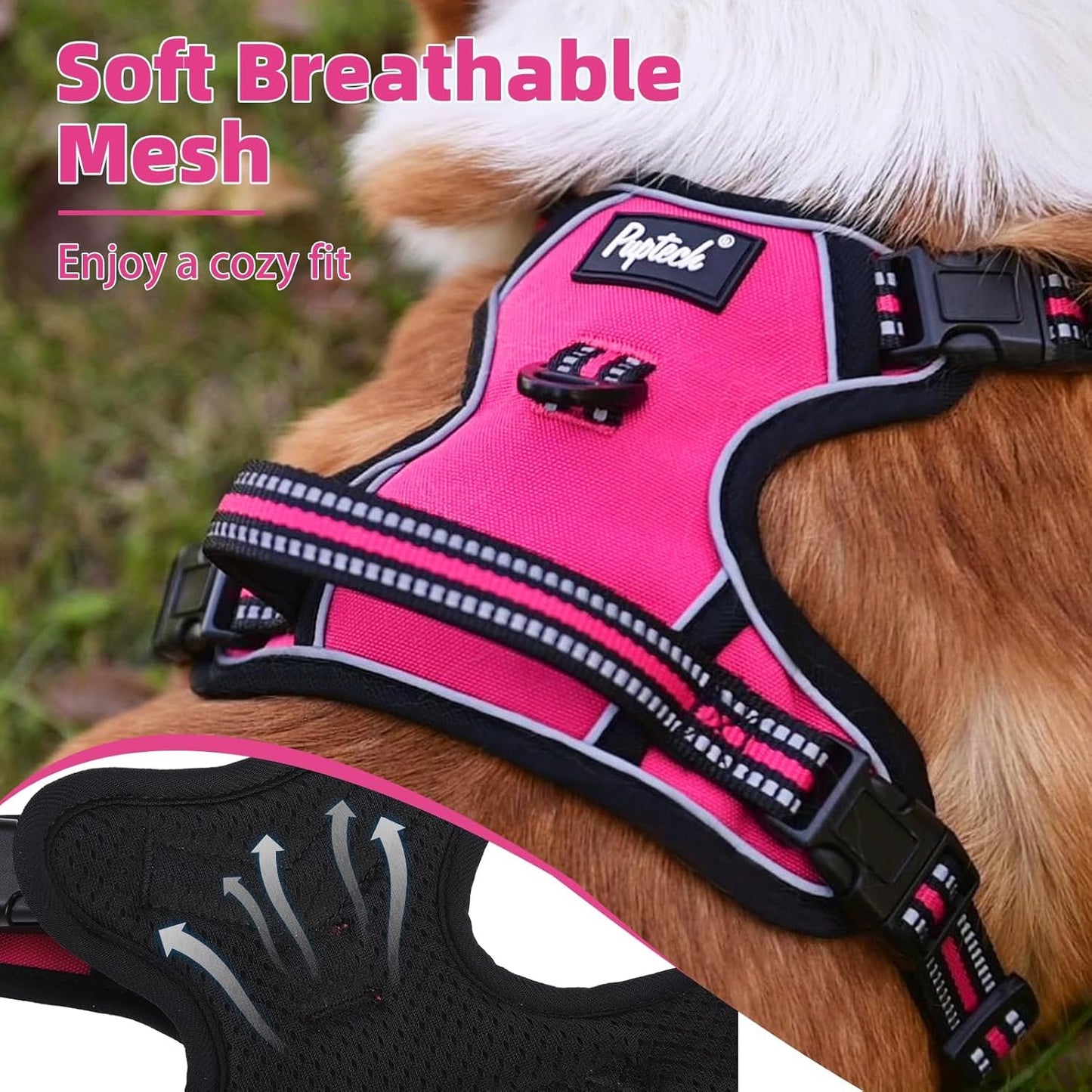 PUPTECK No Pull Dog Harness Medium Sized, Adjustable Reflective Dog Harness with Handle Easy Control, Comfortable Soft Padded Pet Vest Harness for Medium Dogs, Fuschia M