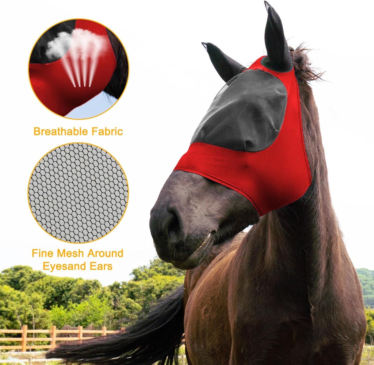 2 Piece Horse Fly Mask with Ears, Comfortable Fit Stretch Fabric Big Eye Space Soft Breathable with UV Protection for Full Horses (Red-Black)