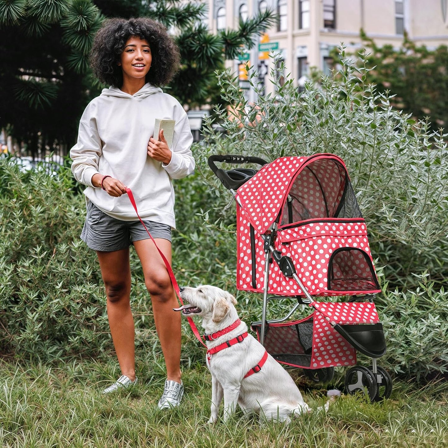 MoNiBloom 3 Wheels Pet Dog Cat Stroller for Small Medium Dogs Cats, Foldable Jogger Stroller w/Storage Basket and Cup Holder, Hot Pink Polka Dots