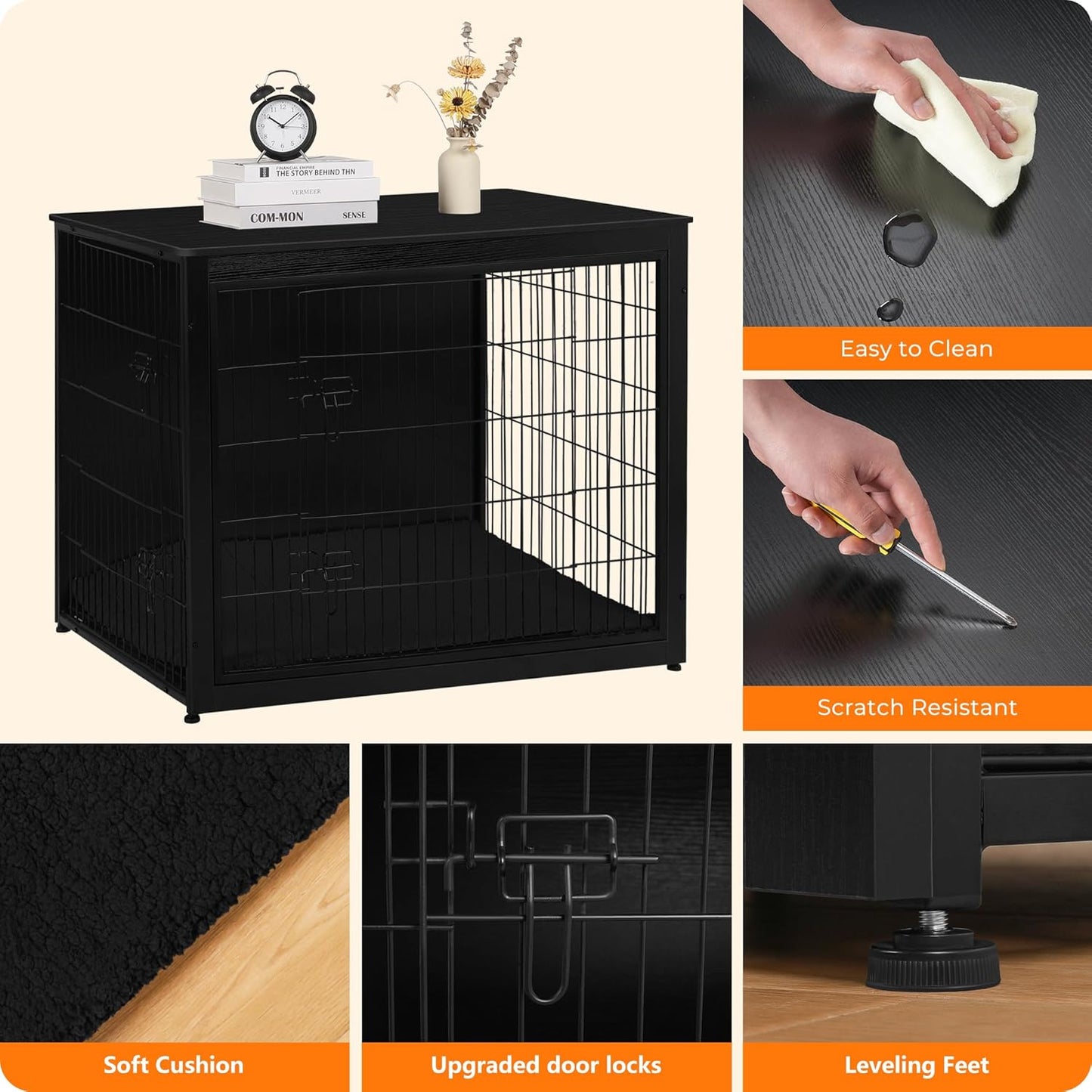 DWANTON Dog Crate Furniture with Cushion, Wooden Kennel Table with Double Doors, Indoor Dog House, Extra Large Size, 43.3" L, Black