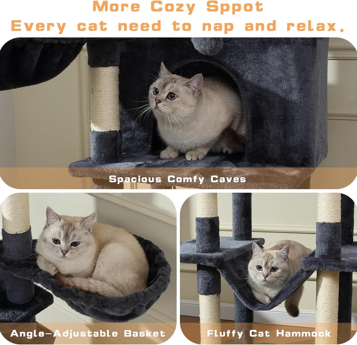 70-Inch Cat Tree,Large Cat Tree Tower with Hammock, Scratching Post, Condo and Multi-Level Cat Tower for Large Cats, Cat Activity Center Playhouse, Dark Gray LCT016