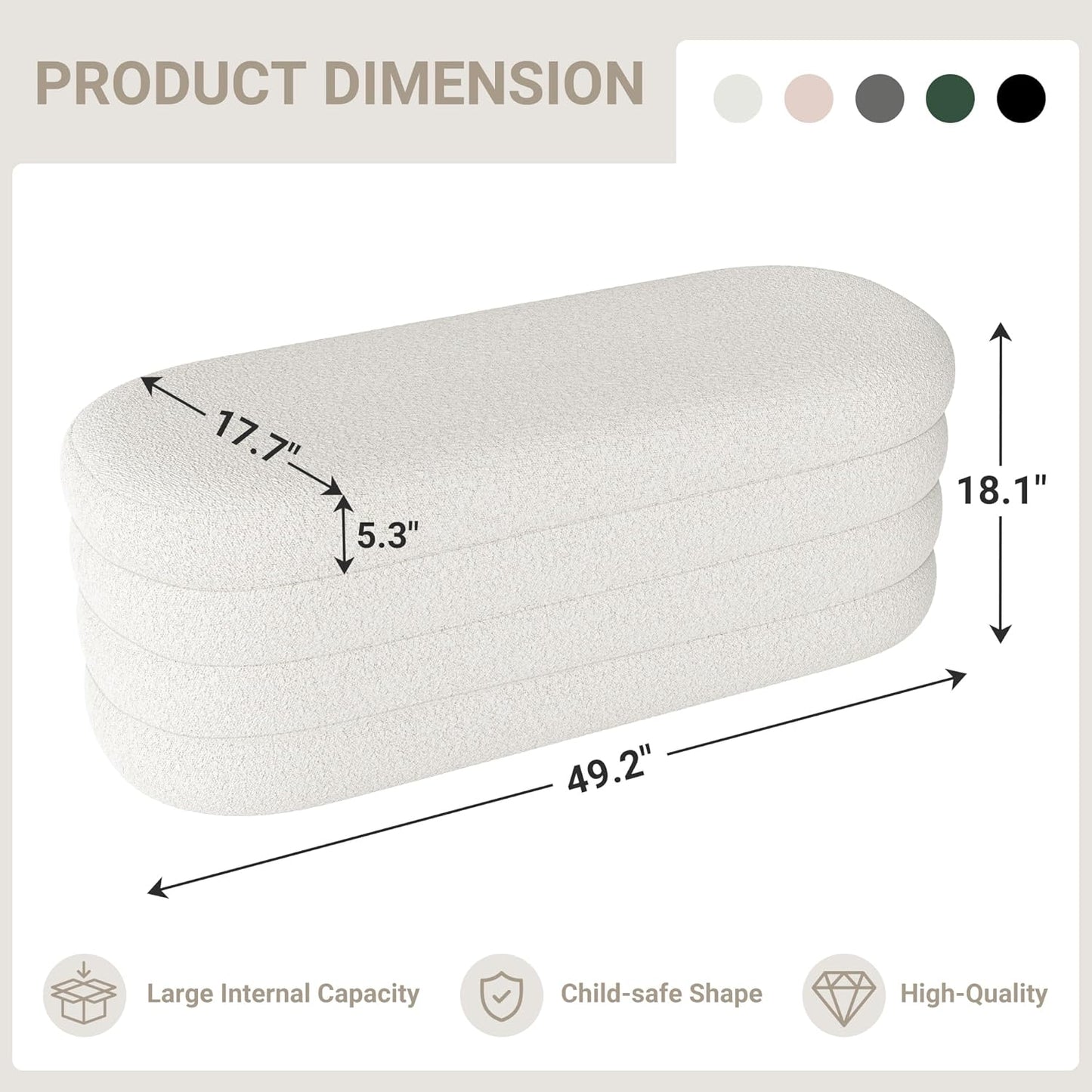 Storage Ottoman Bench 49.2 Inch Upholstered Fabric Storage Bench for Bedroom End of Bed Aesthetic Large Oval Ottoman for Living Room Entryway (Ivory)