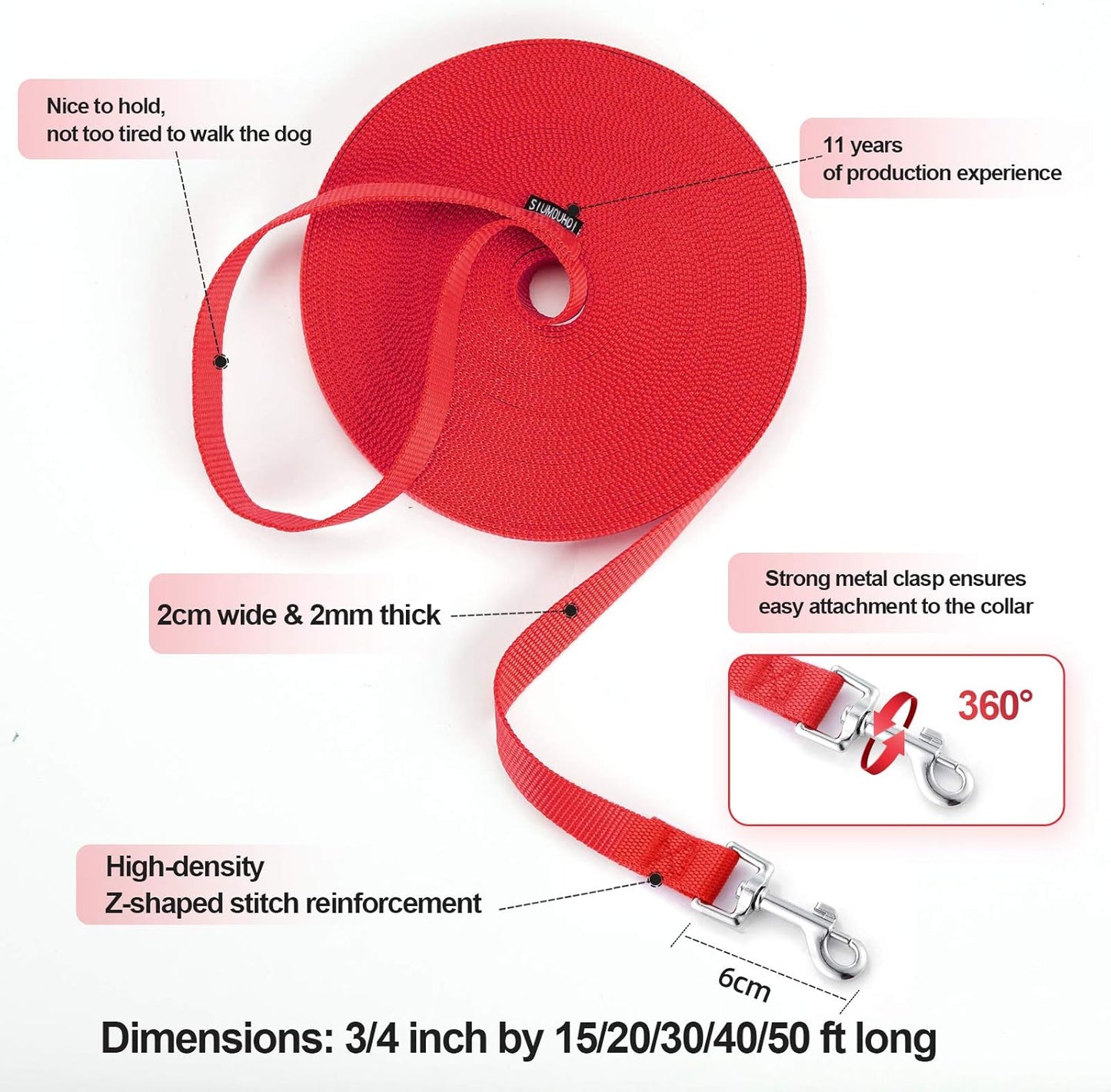 Dog/Puppy Obedience Recall Training Agility Lead - 15ft 20ft 30ft 40ft 50ft Training Leash - Great for Play, Camping, or Backyard - Red 20ft (20Feet, Red)