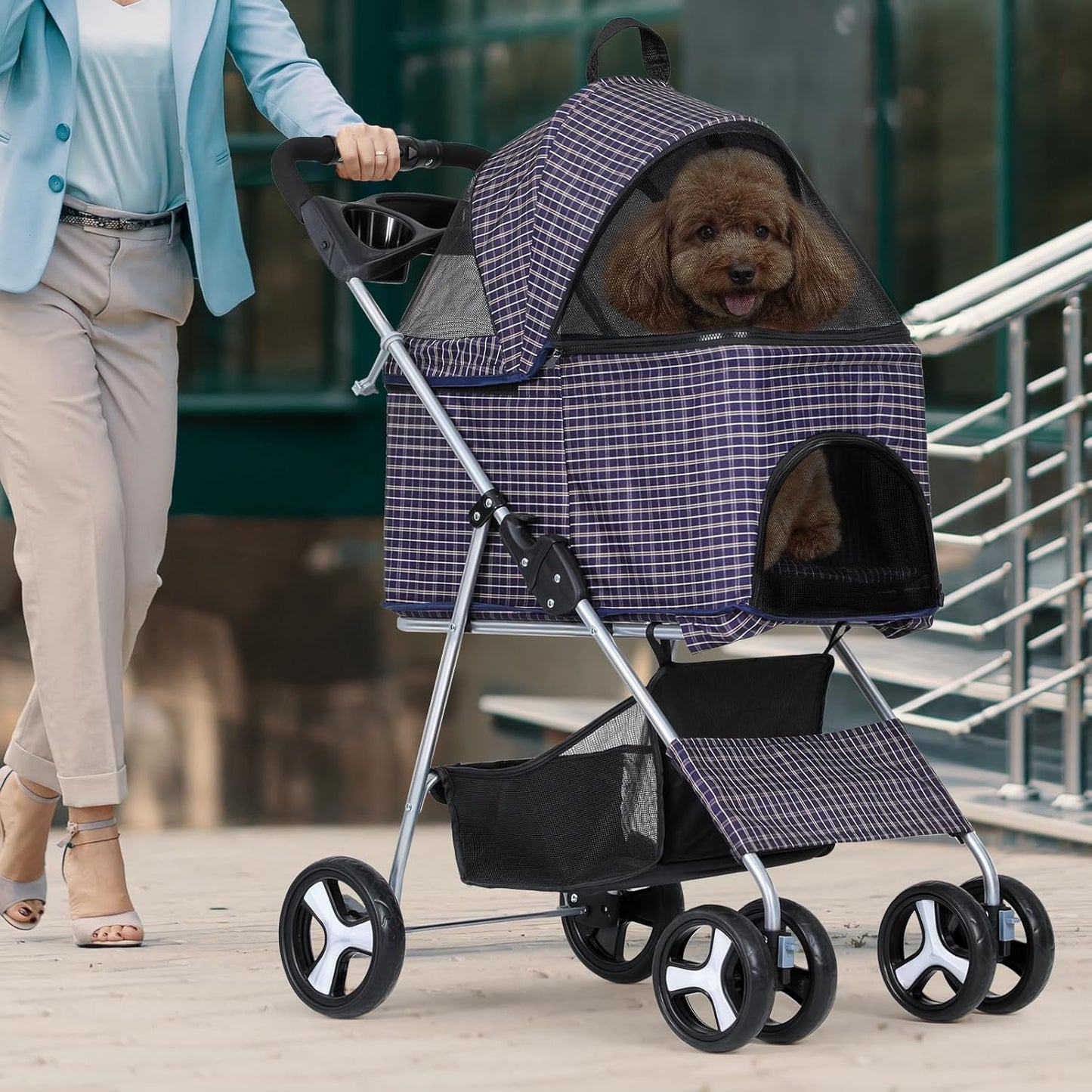 Magshion Foldable Pet Stroller, 3-in-1 Dog Travel Jogger with Detachable Carrier, Cup Holder, Storage Basket, Folding Carrier for Small/Medium Dogs & Cats Up to 33 lbs, Plaid