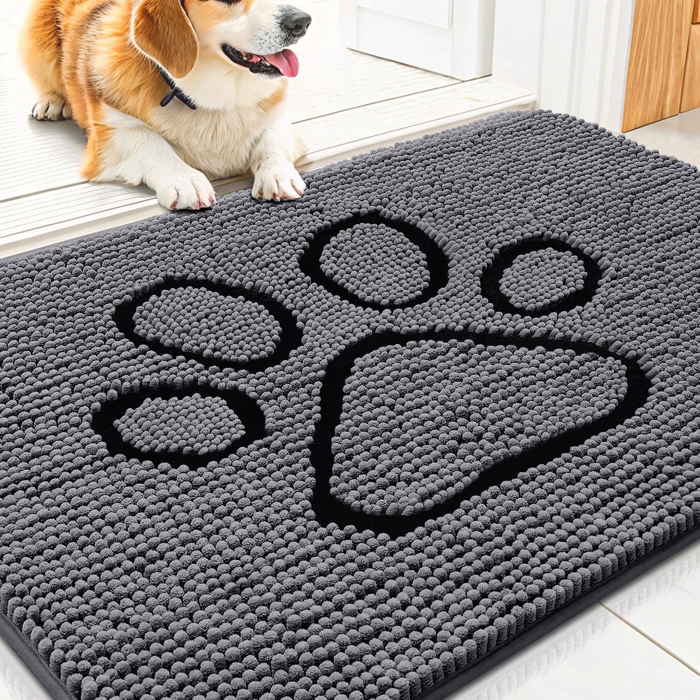 Smiry Dog Door Mat for Muddy Paws, Absorbent Dirt Trapper Non Slip Quick Dry Washable Chenille Mat for Mud Dogs, Entry Rug for Indoor and Outdoor (30x20 Inches, Dark Grey and Black)