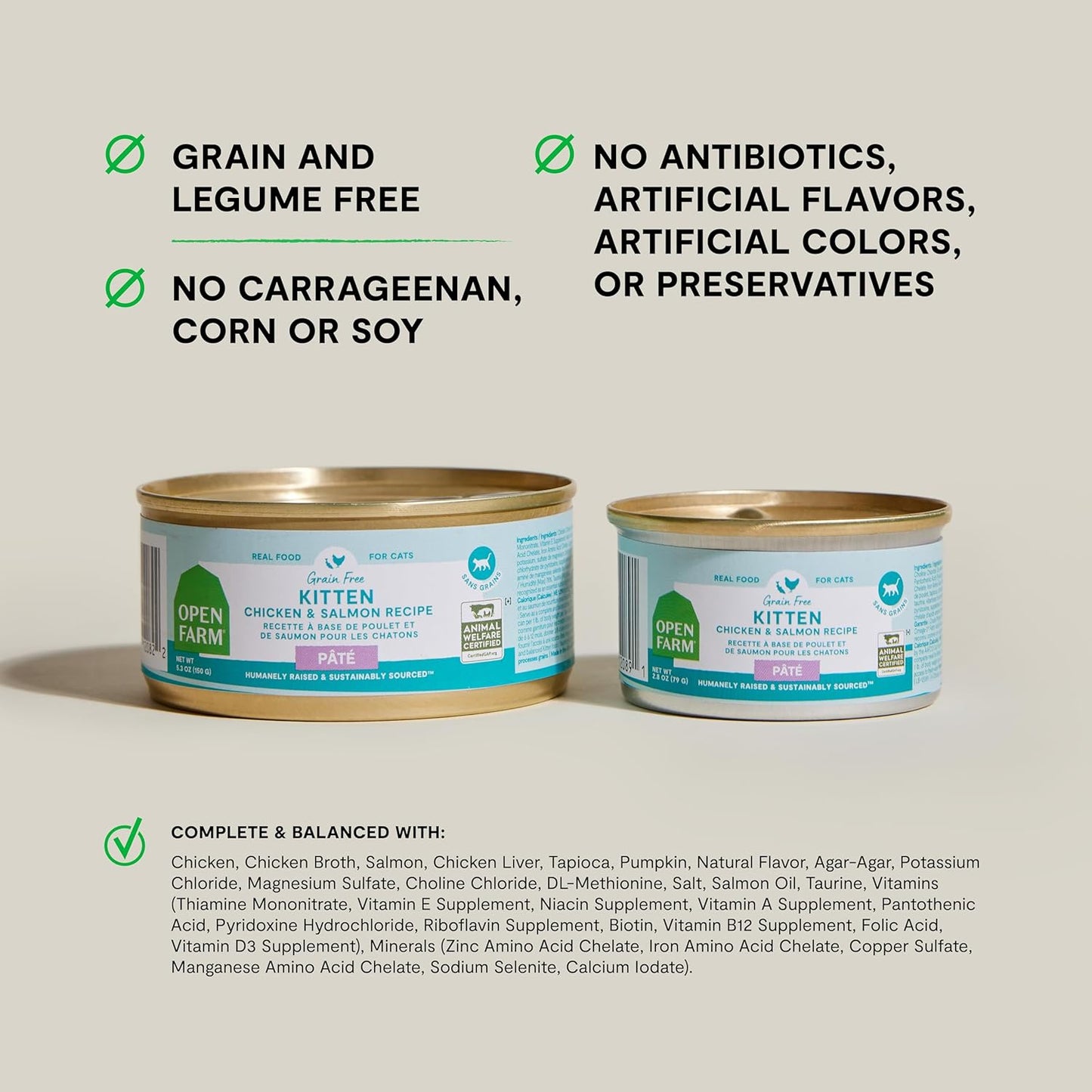 Open Farm Canned Kitten Food, Paté for Complete & Balanced Nutrition, Grain-Free and Legume-Free Wet Kitten Food, Chicken & Salmon Recipe, 2.8oz Cans (Case of 18)