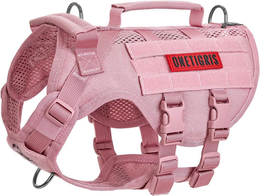 OneTigris Tactical Dog Harness for Small Dogs, No Pull Small Dog Vest Harness with Handles Breathable Military Dogs Molle Vests, Harness for Walking Hiking Training (Pink, XS)