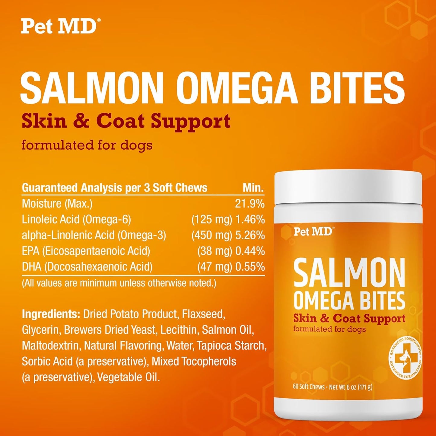 Pet MD Salmon Omega Bites for Dogs - Skin and Coat Supplement with Omega 3 & 6 for Dogs Plus DHA & EPA - Promotes Allergy & Dry Skin Relief - 60ct