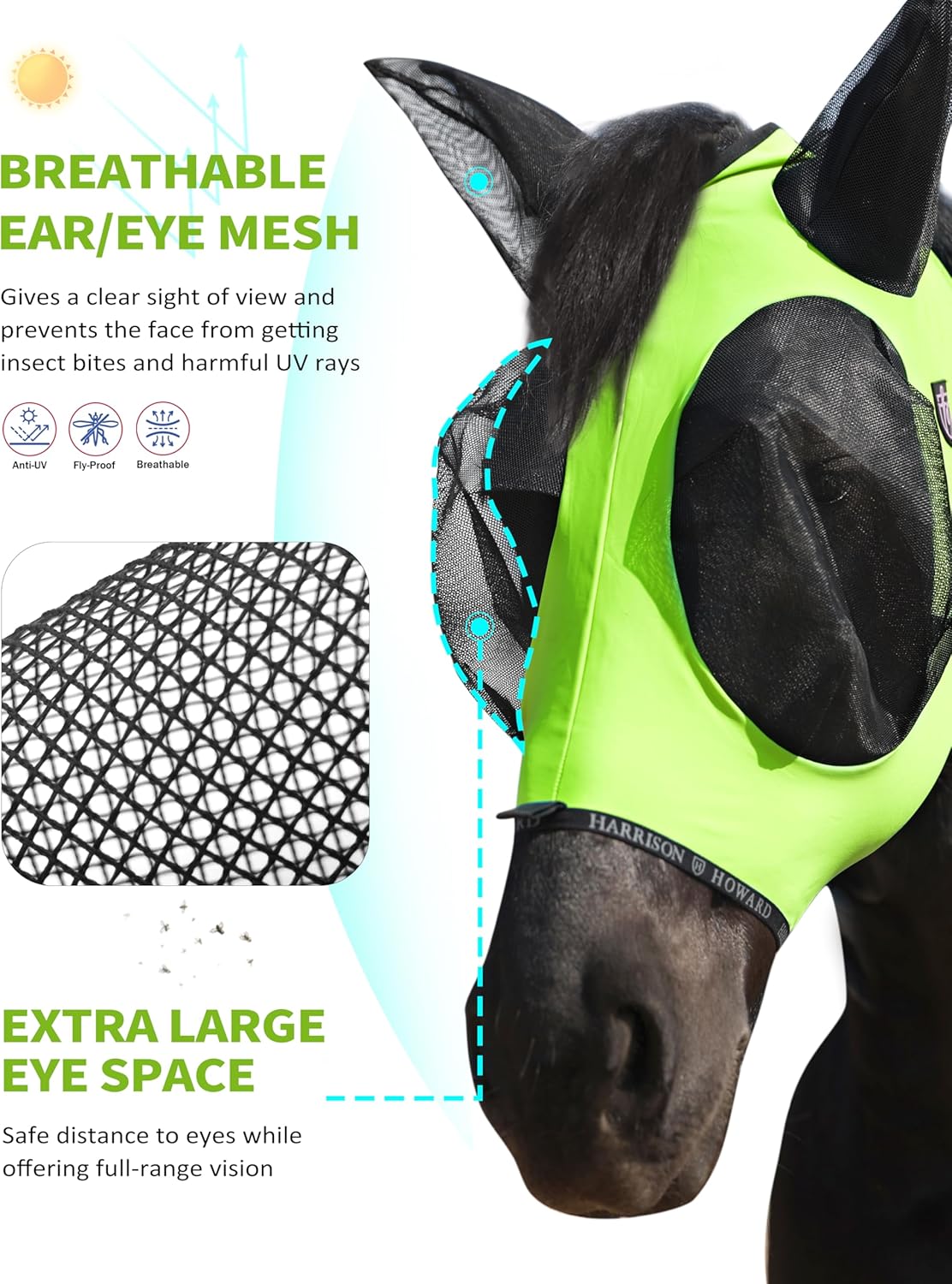 Harrison Howard Horse Fly Mask with Forelock Opening Stretch Breathable and Comfortable for Horses UV -Protection Fluorescent Yellow L